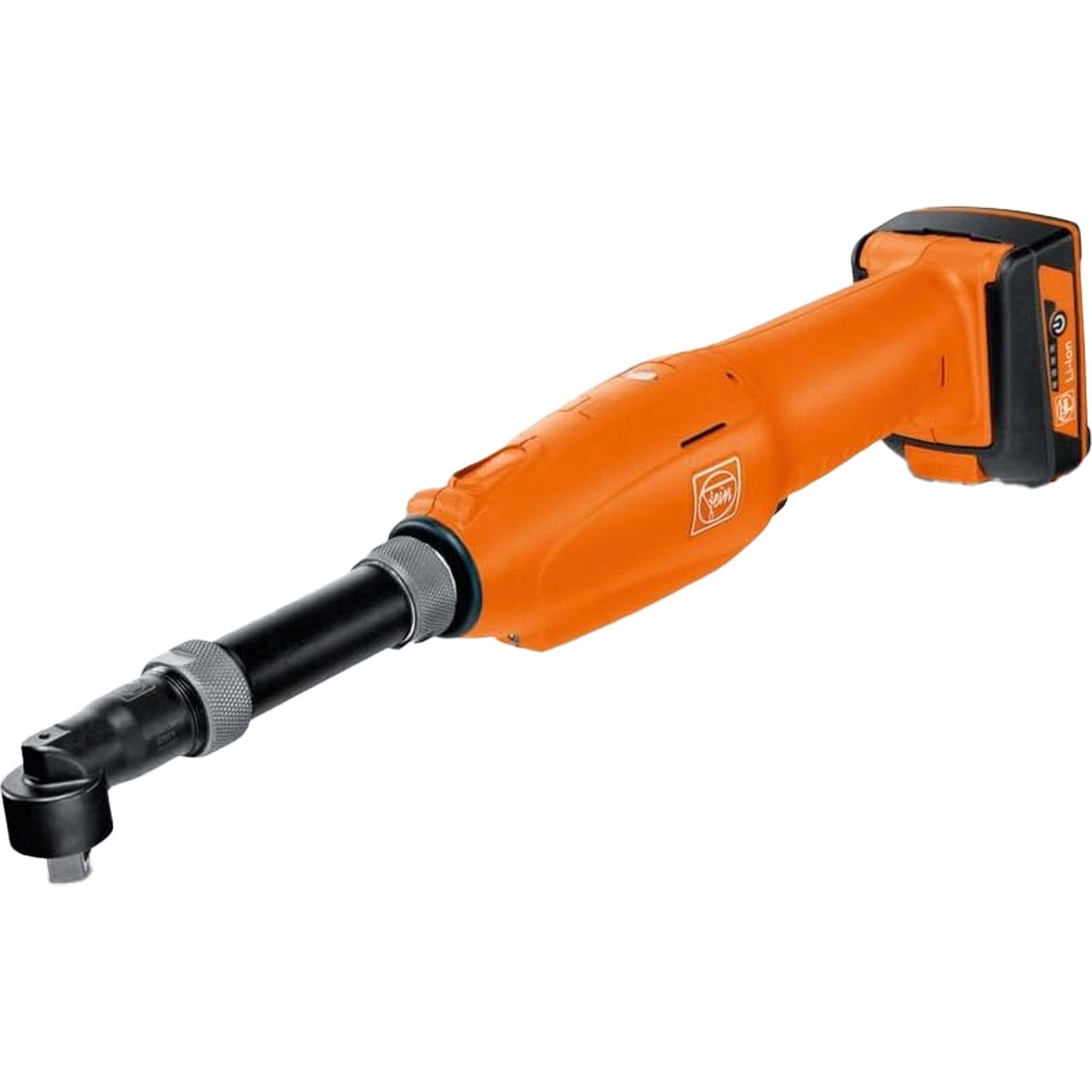 Ein orangefarbenes Elektrowerkzeug mit einem langen, abgewinkelten Kopf, das zum Befestigen oder Bohren an schwer zugänglichen Stellen verwendet wird. Der Akku befindet sich am hinteren Ende.