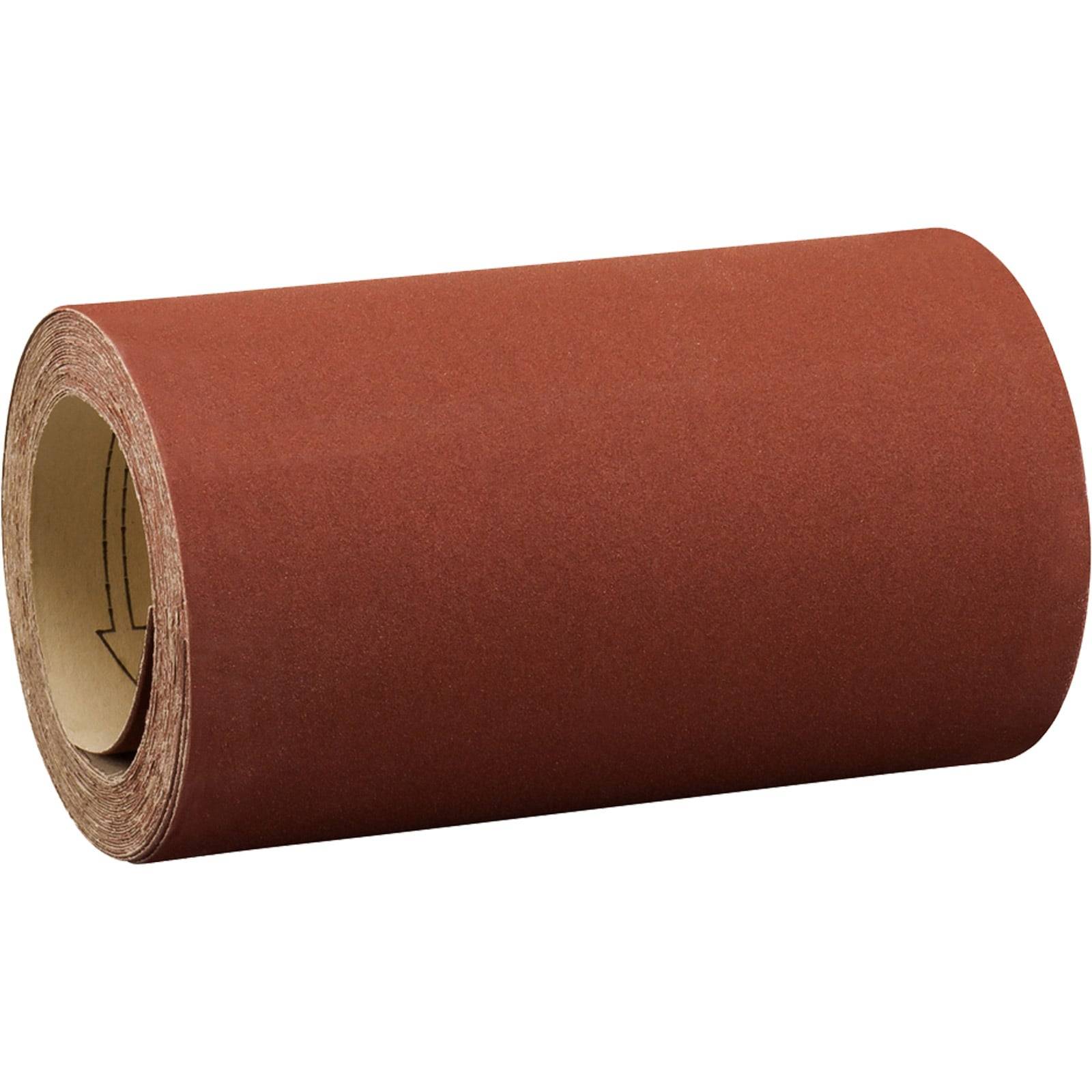 Eine Rolle Schleifpapier in brauner Farbe ist aufgerollt und zeigt ihre strukturierte Oberfläche. Sie ist zum Schleifen und Glätten von Oberflächen konzipiert.