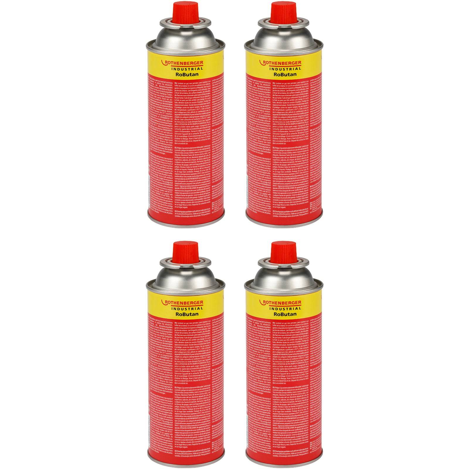 Vier rote und gelbe Kanister mit den Aufschriften 'Rothenberger Industrial' und 'Roflamm' auf den Etiketten, in einem Rasteranordnung angeordnet.
