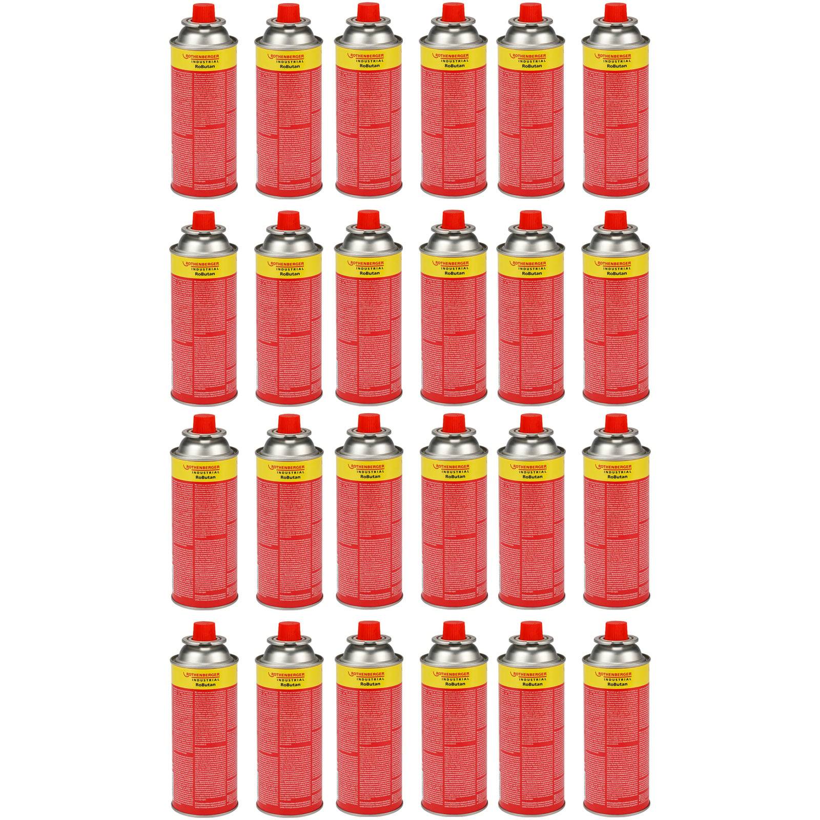 Zwanzig rote und gelbe Propankanister, die in einem Raster angeordnet sind.