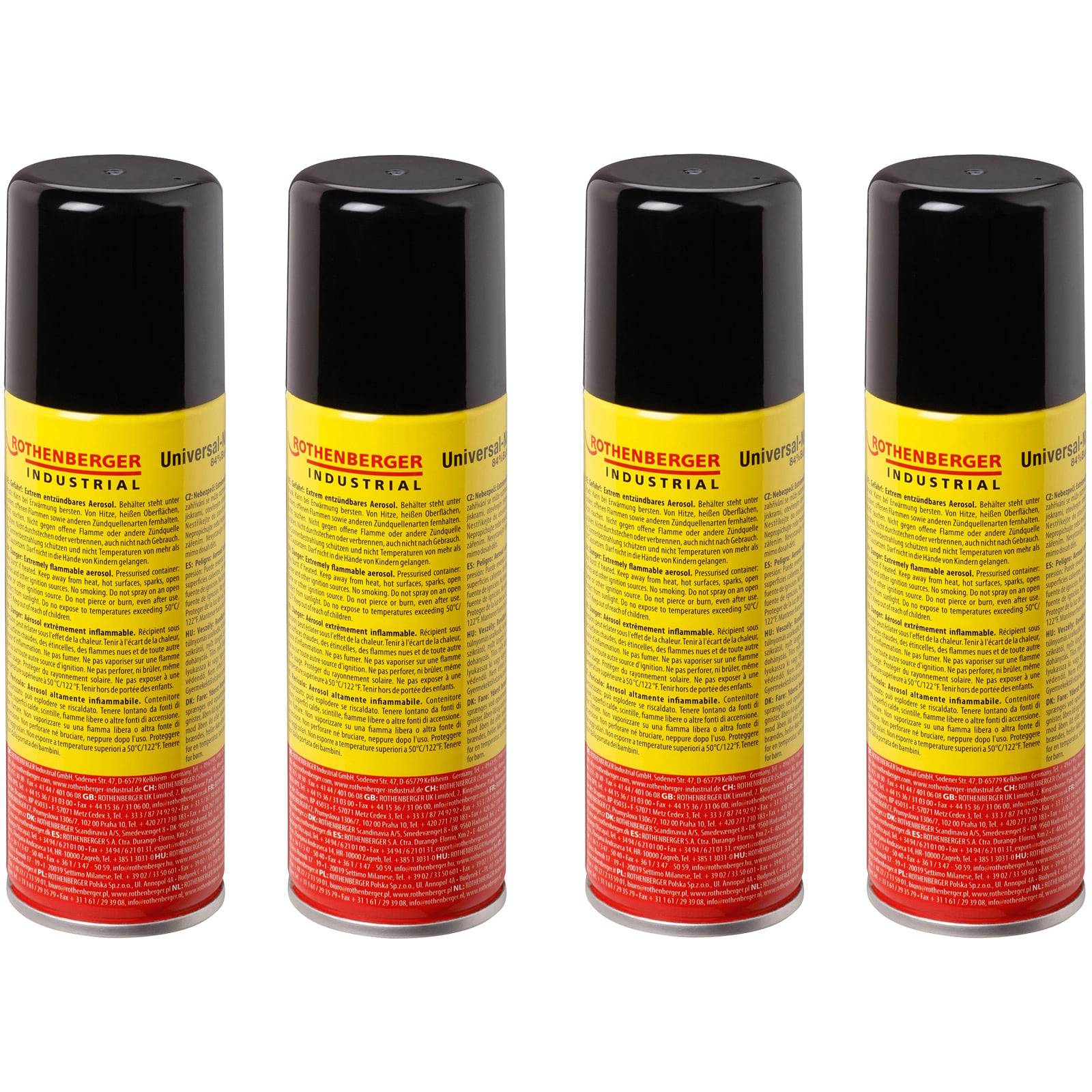Vier identische Sprühdosen mit gelben Etiketten und schwarzen Verschlüssen, in einer Reihe angeordnet.