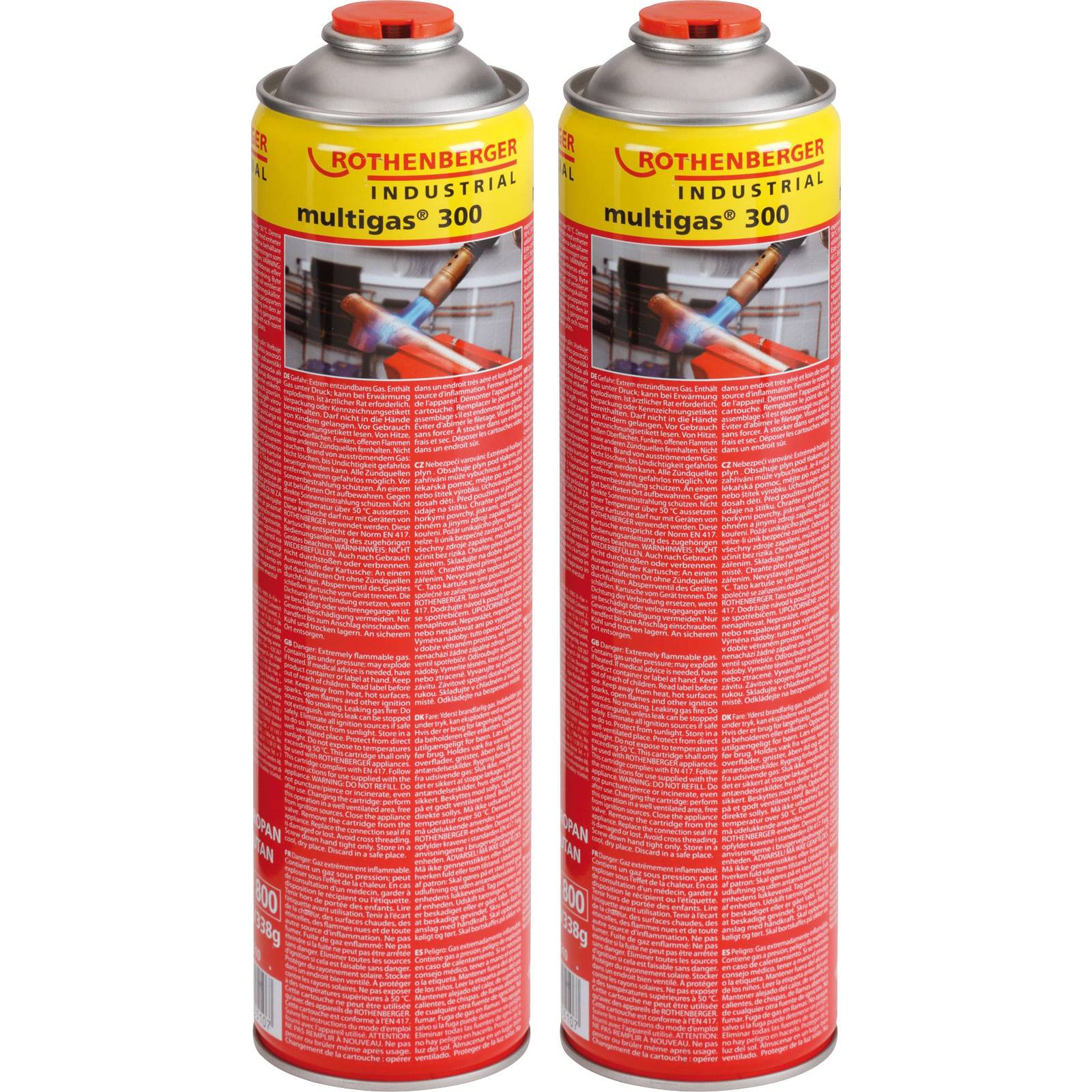 Zwei rote Rothenberger industrielle Multigas 300 Kanister, jeweils mit gelben Etiketten und Text, der Gebrauchs- und Sicherheitsanweisungen detailliert.