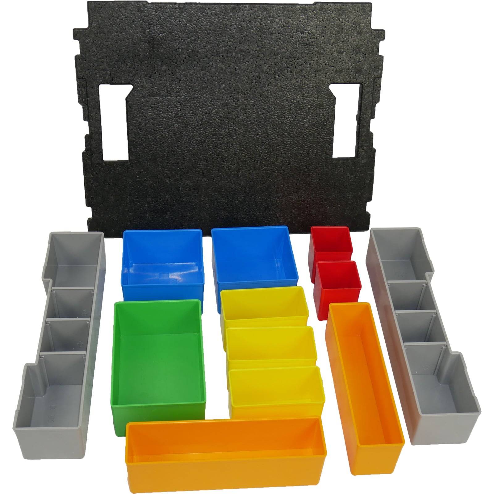 Verschiedene farbenfrohe, rechteckige Aufbewahrungsbehälter und ein schwarzes Trennpaneel, die auf einem weißen Hintergrund angeordnet sind und eine organisatorische Verwendung andeuten.