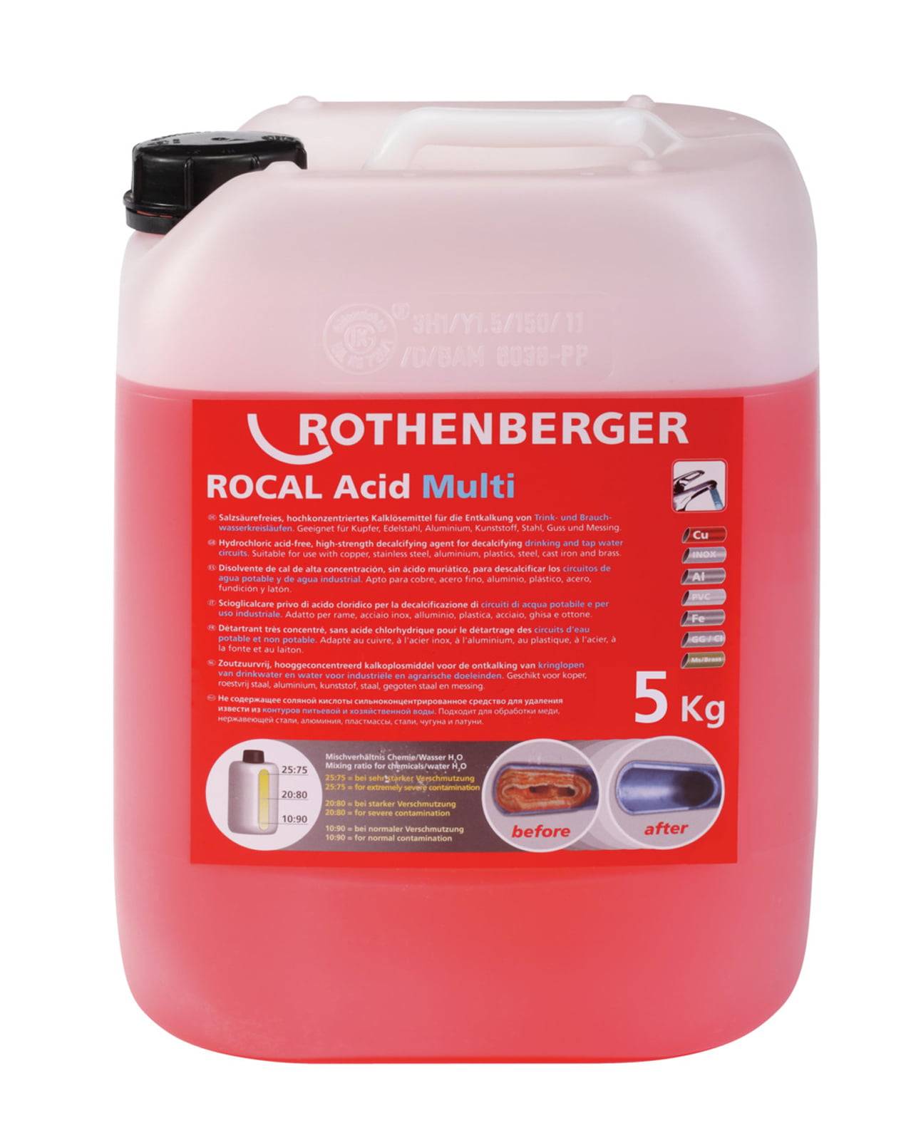 Rothenberger Rocal Acid Multi 5kg rote Reinigungslösung zur Entfernung von Ablagerungen in Heizungssystemen, mit Gebrauchsanleitung.