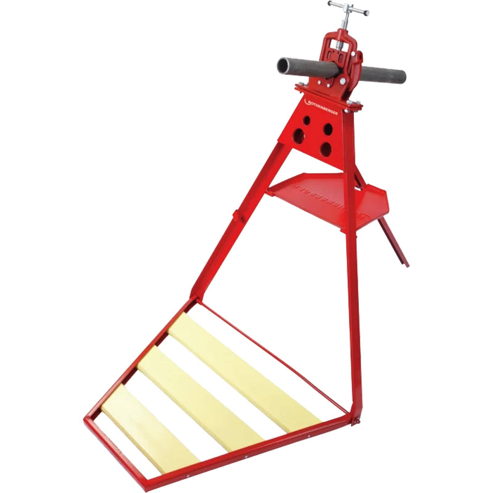 Rot-Holzhalter mit Griffen und Holzlatten, entwickelt zum Sichern von Holzscheiten während des Sägens, mit einem stabilen dreieckigen Gestell.