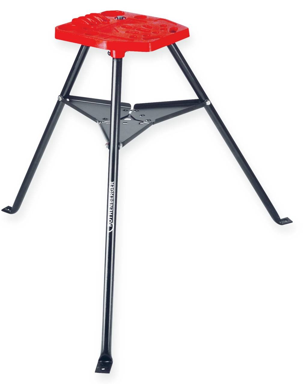 Ein roter dreibeiniger Hocker mit schwarzen Metallbeinen, der Stabilität und einfaches Design zeigt.