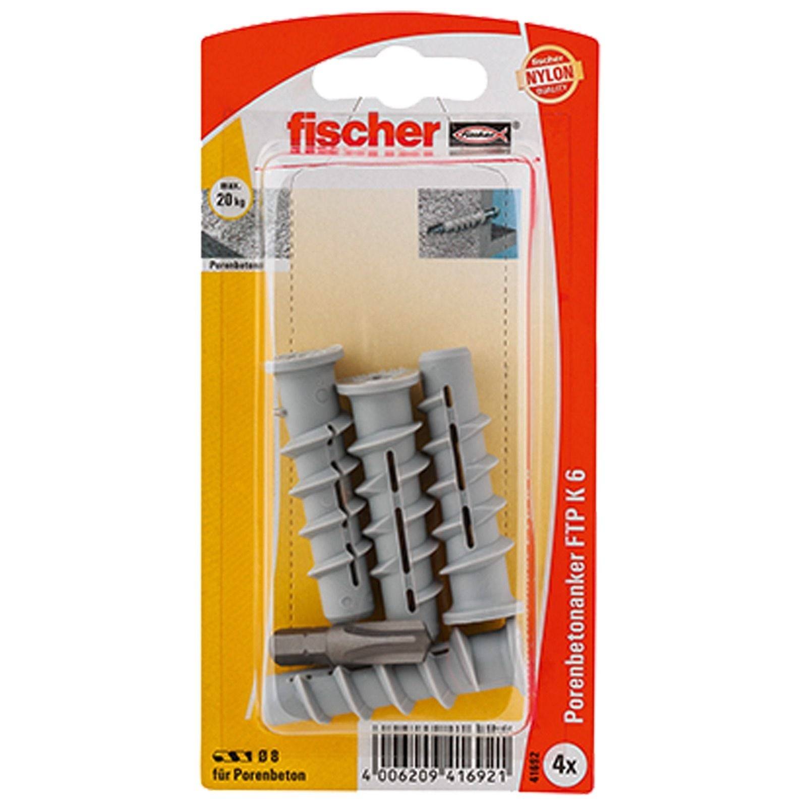 Fischer FTP K 6 Dübel für Porenbeton, Nylon-Material, 4er Pack, trägt bis zu 20 kg. Verpackung enthält Montageanleitung.
