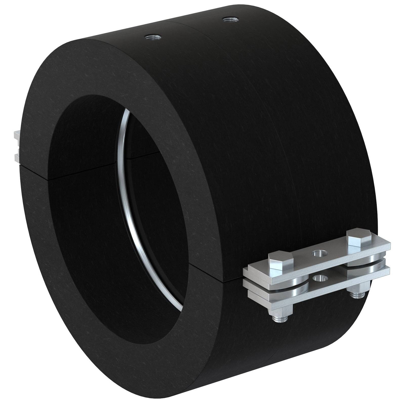 Eine schwarze zylindrische Kupplung mit Metallklammern und Schrauben, die zum Verbinden von Rohren oder Wellen in mechanischen Systemen verwendet wird.