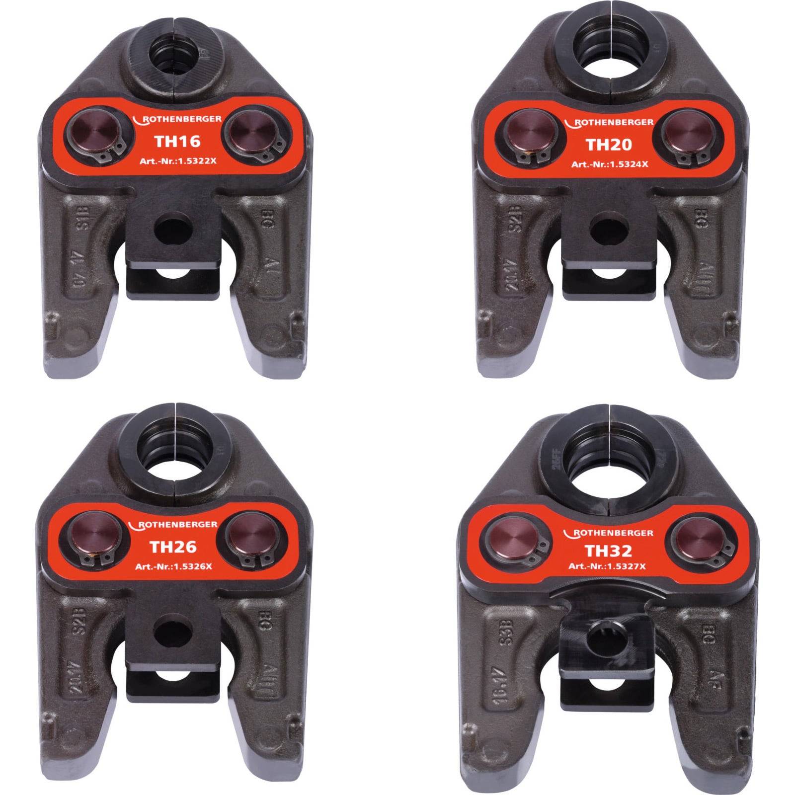 Vier auswechselbare Presszangen in verschiedenen Größen, gekennzeichnet als TH16, TH20, TH26, TH32.