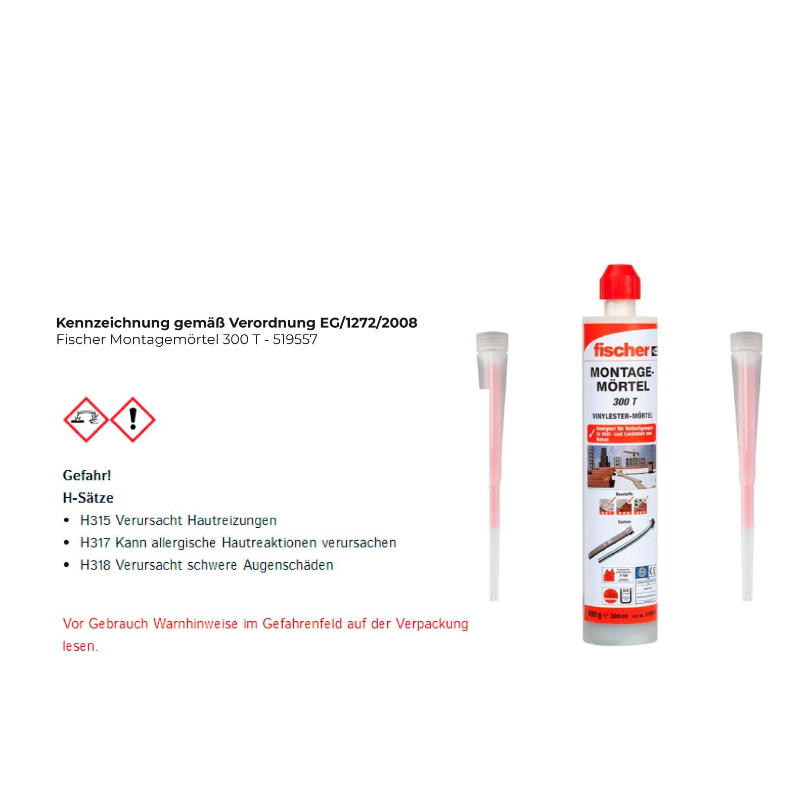 Fischer Montagemörtel-Tube mit roter Kappe, Warnhinweisen und Sicherheitshinweisen auf Deutsch. Zwei Mischdüsen sind neben der Tube abgebildet.