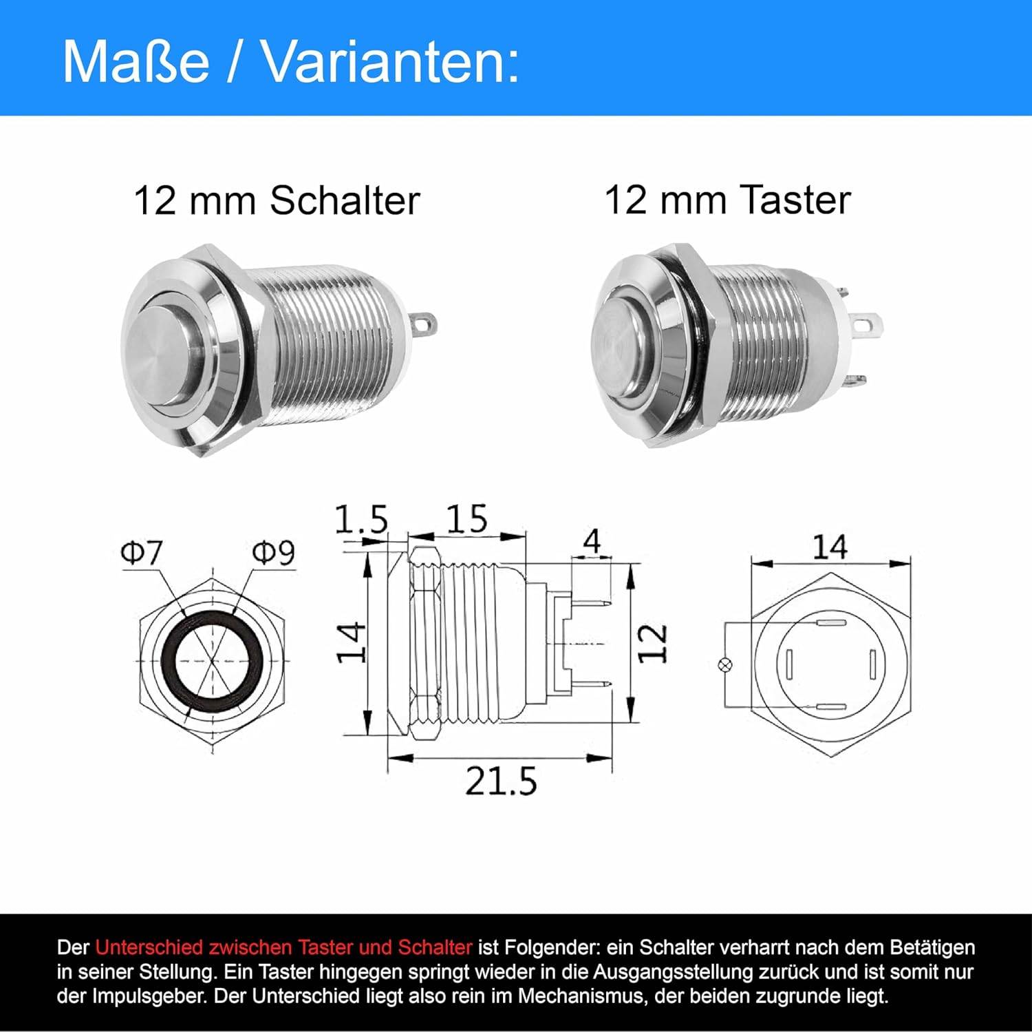 Taster Schalter 12V LED Beleuchtung Klingel Drucktaster Druckschalter Edelstahl 16mm Taster Orange