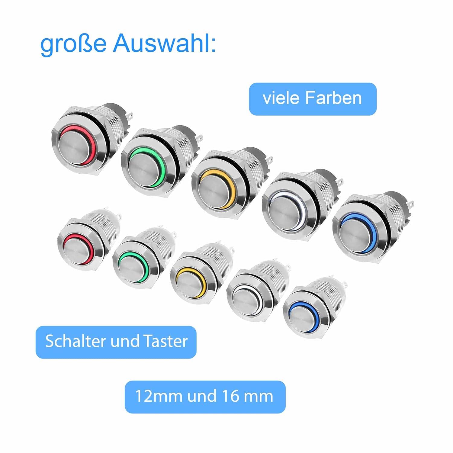 Taster Schalter 12V LED Beleuchtung Klingel Drucktaster Druckschalter Edelstahl 12mm Schalter Rot