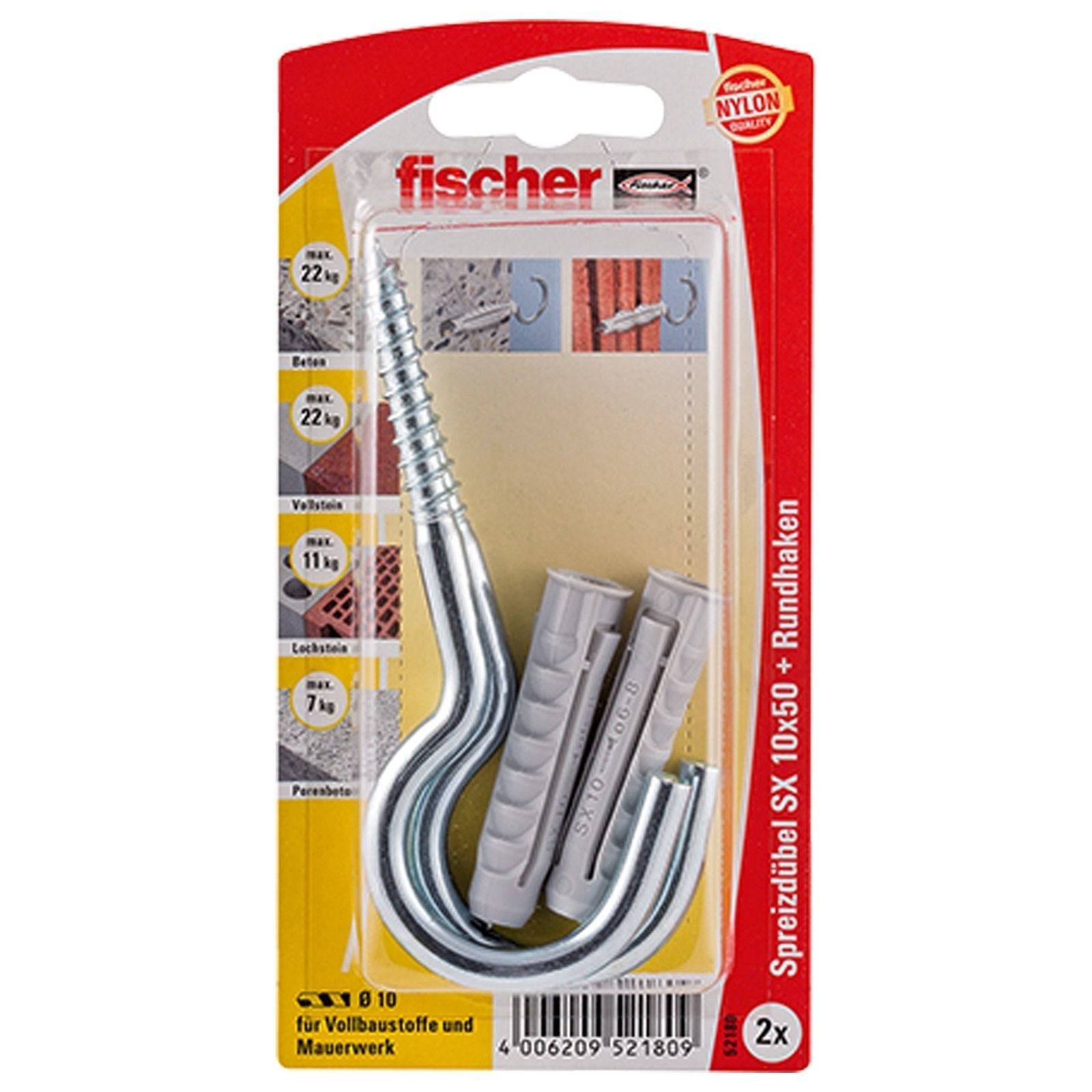 Packung mit Fischermetallhaken mit Dübeln, gekennzeichnet für die Verwendung mit festen Materialien und Mauerwerk. Enthält zwei Haken und Dübel.