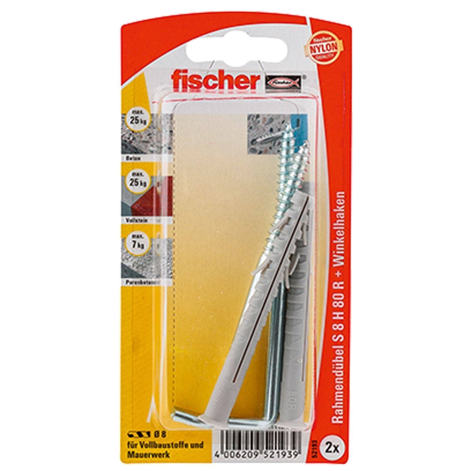 Wanddübel- und Hakensatz aus Kunststoff in Verpackung, mit der Markenbezeichnung 'fischer', geeignet für Vollsteine und Mauerwerk. Enthält Schrauben und zwei Dübel.