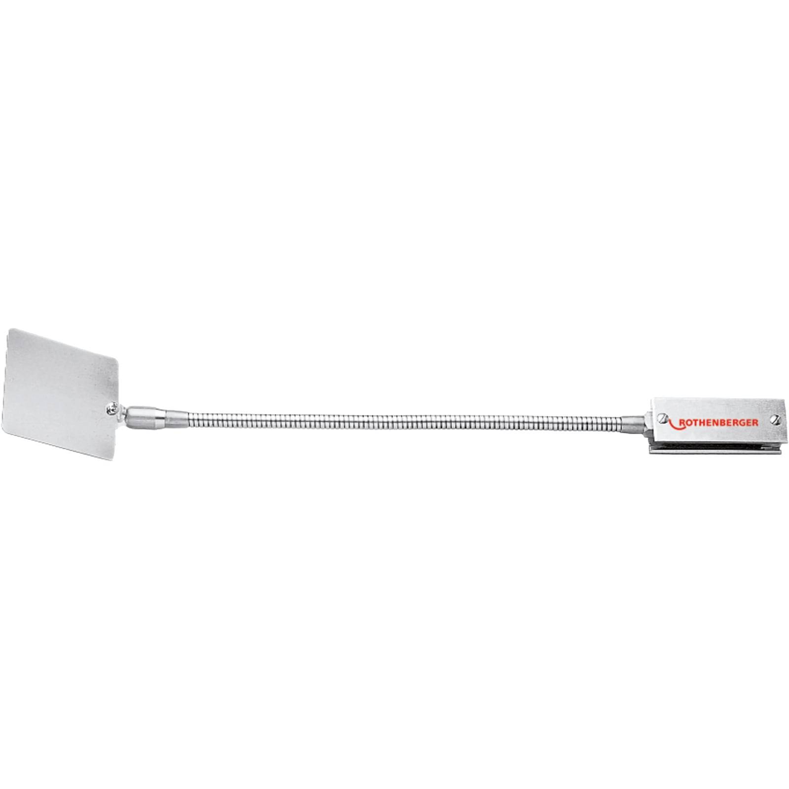 Ein Hitzeschild mit einer flexiblen Metallverlängerung und einem rechteckigen Griff, der mit einem Logo gekennzeichnet ist. Wird zum Schutz von Oberflächen vor Hitze verwendet.