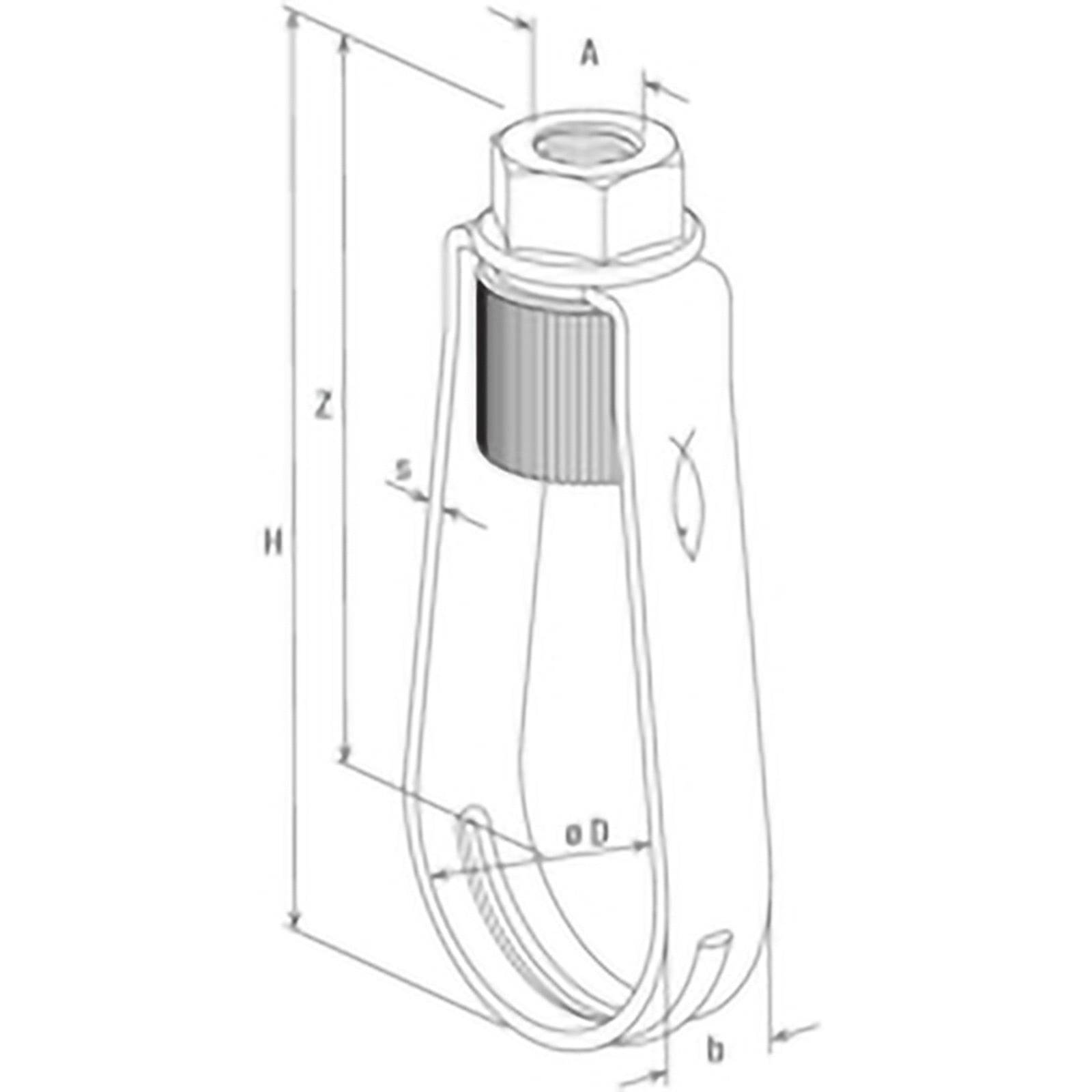 Technische Zeichnung einer zylindrischen Komponente mit beschrifteten Maßen, einschließlich Durchmesser (D) und Höhendimensionen. Die Zeichnung zeigt einen Gewindeabschnitt und eine Mutter am oberen Ende.