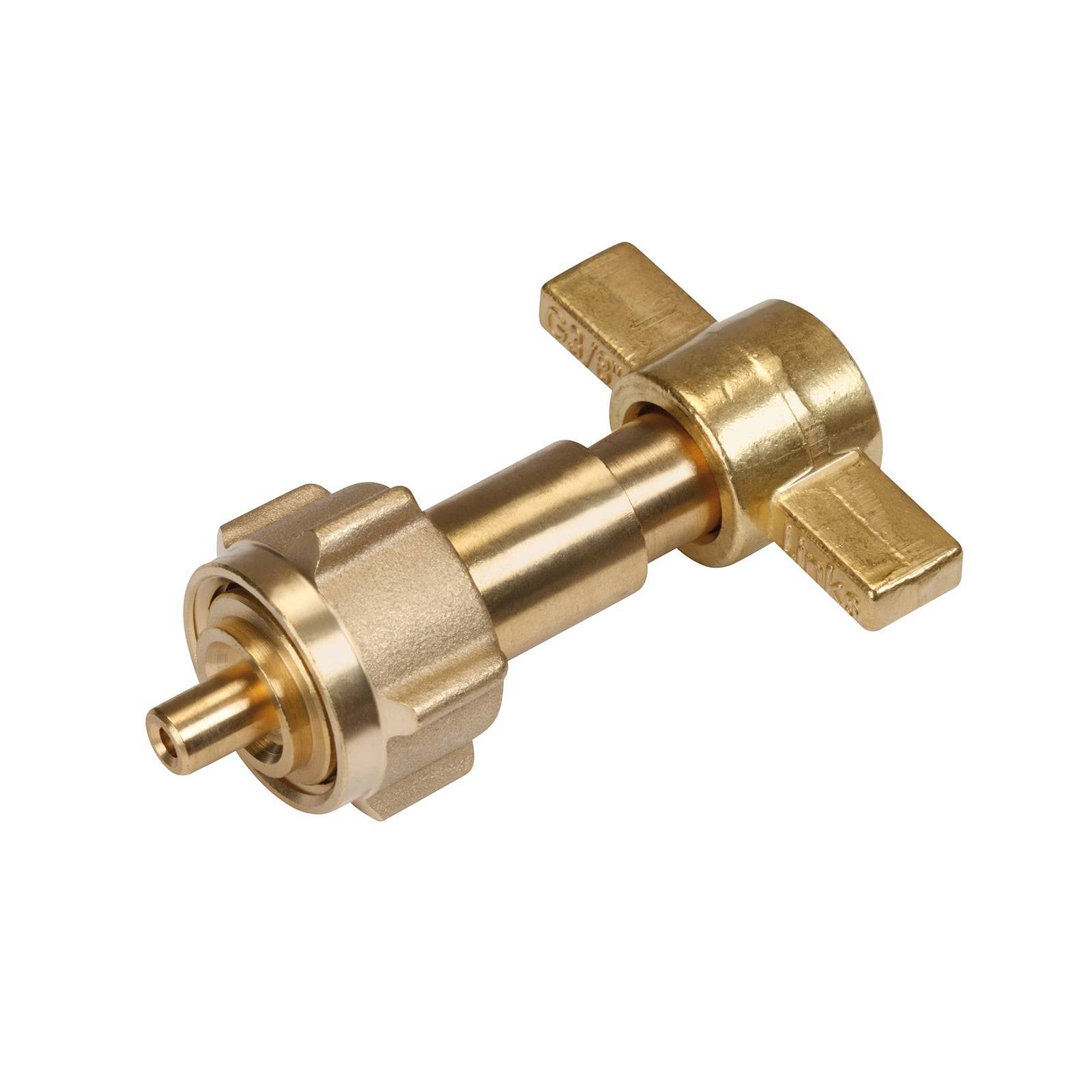 Messingventil mit T-förmigem Griff und Gewindeenden, verwendet zur Steuerung des Flüssigkeitsflusses in Rohrleitungssystemen.