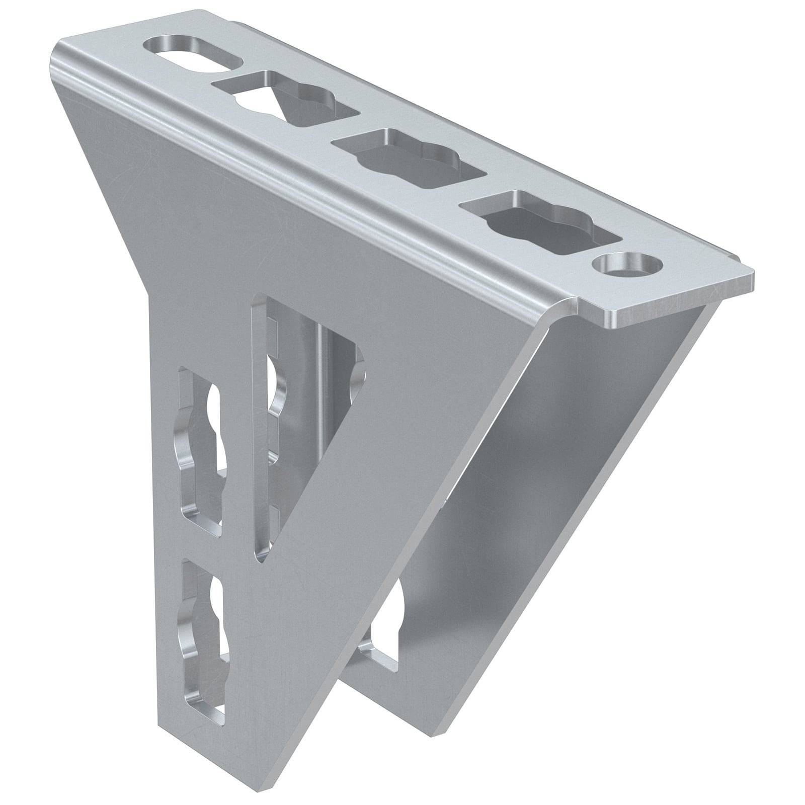Aluminium-Winkelhalterung mit mehreren ausgeschnittenen Schlitzen für vielseitige Montage und Unterstützung, mit einer dreieckigen Konstruktion für erhöhte Stabilität.