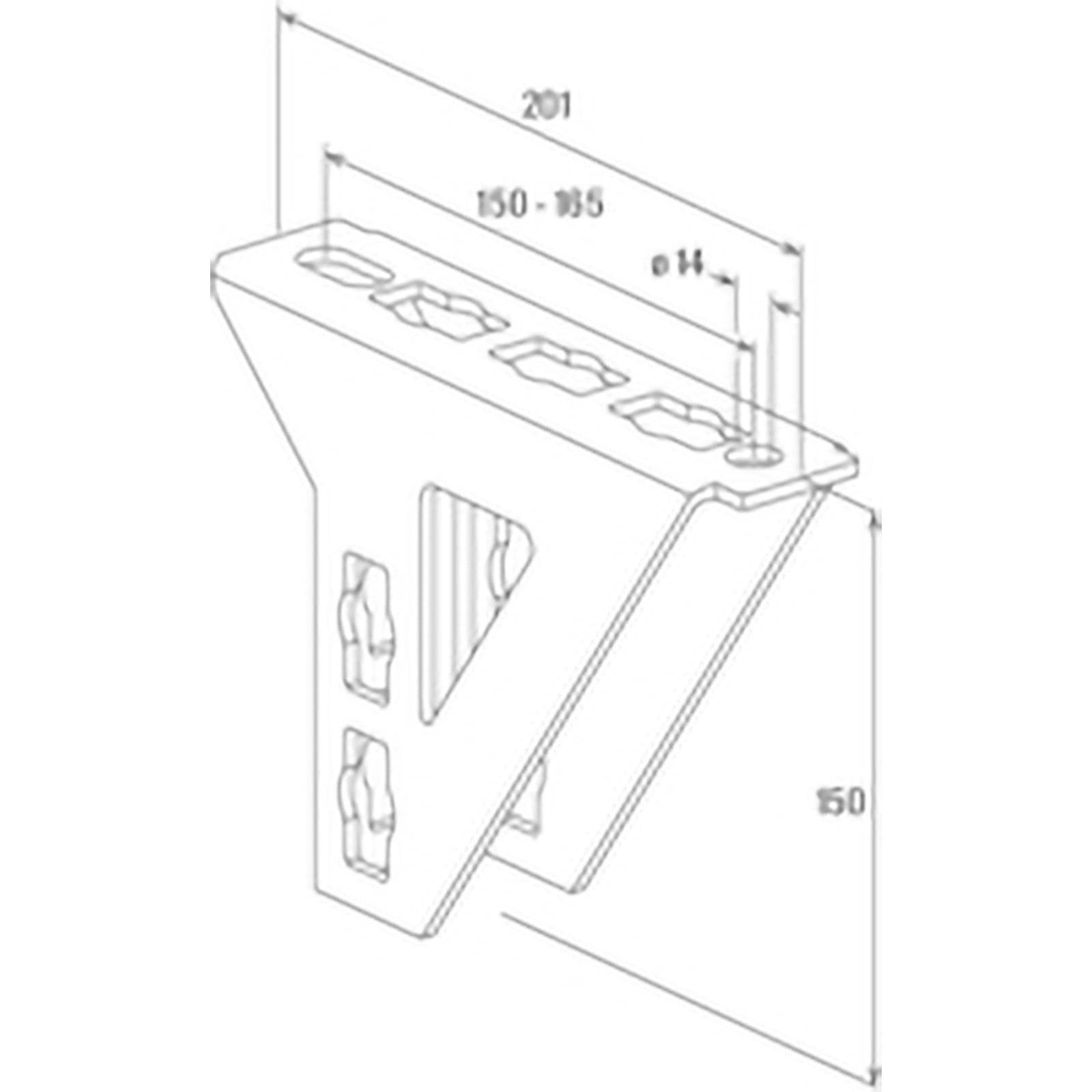 Eine technische Zeichnung einer Metallhalterung mit Abmessungen: 201 mm Länge, 150 mm Höhe und 14 mm Lochdurchmesser, mit mehreren Schlitzen.