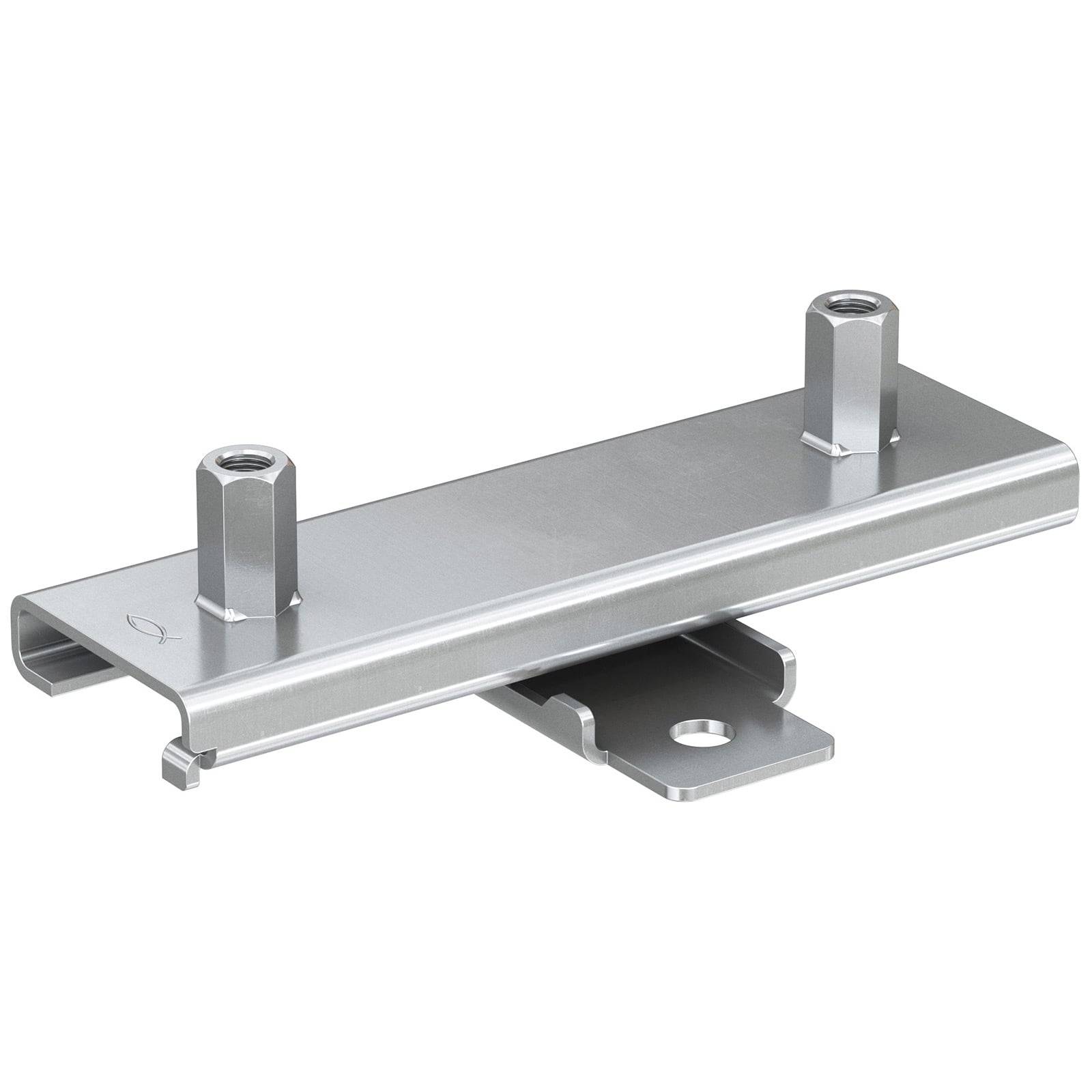 Eine silberne Metallhalterung mit zwei vertikalen Schrauben und einer rechteckigen Platte. Sie verfügt über ein zentrales Montageloch und ist für strukturelle Unterstützung konzipiert.