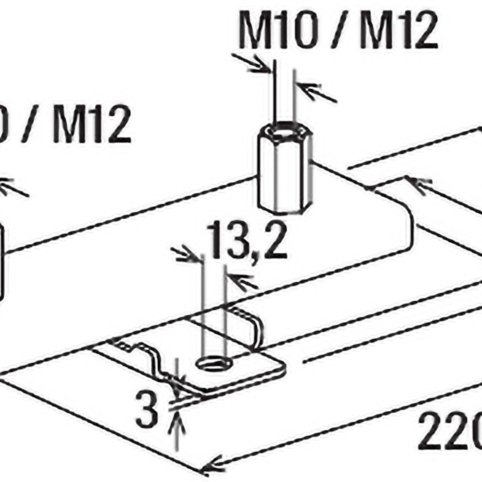 Technische Zeichnung mit Abmessungen für eine Halterung, beschriftet mit 'M10/M12'. Merkmale: Lochdurchmesser 13,2, Dicke 3, Gesamtlänge 220.