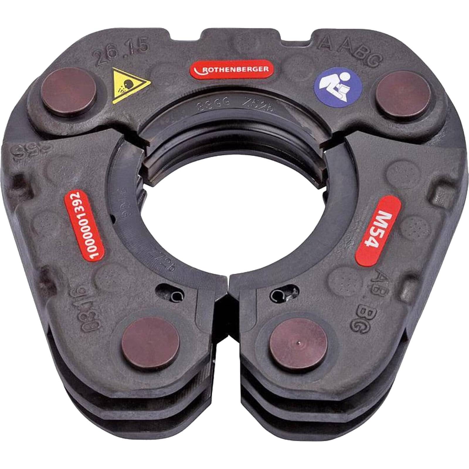 Runde Crimpwerkzeugkopf mit drei großen kreisförmigen Schlitzen, beschriftet mit ‚ROTHENBERGER' und ‚M54 45° BG', verwendet zum Verbinden von Rohren.