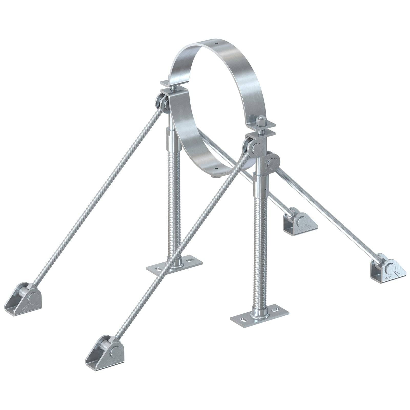 Eine metallische Rohrstütze mit einer verstellbaren Schelle und vier Stabilisierungsbeinen, konzipiert zum Sichern und Ausrichten von Rohren in industriellen Umgebungen.