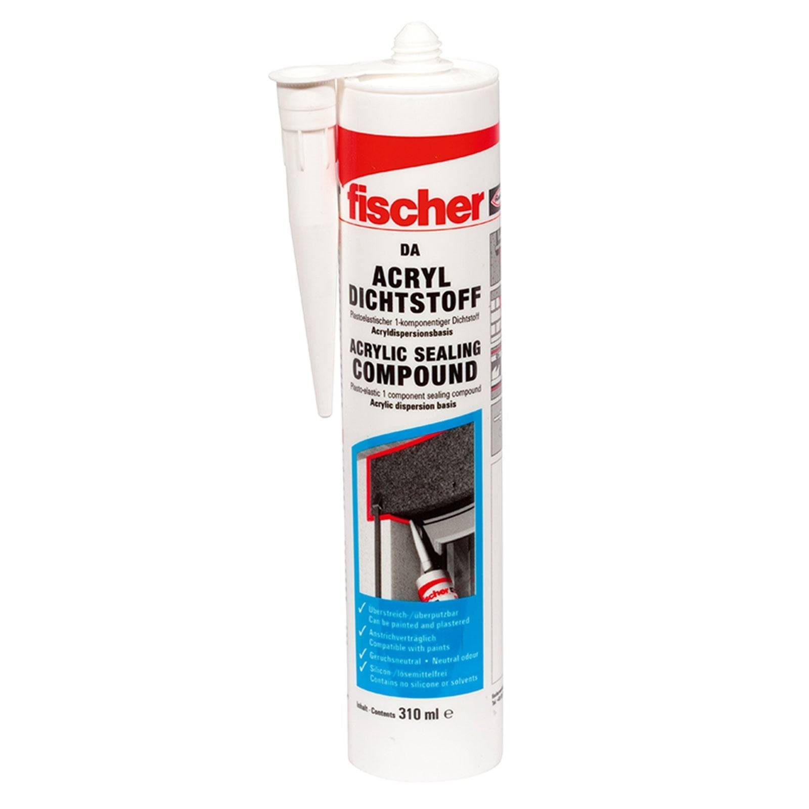 Dose von Fischer Acryl-Dichtungsmasse, 310 ml, mit Abbildung der Anwendung in einem Fensterrahmen.Inklusive Ausgabenozzle, die am Deckel befestigt ist.