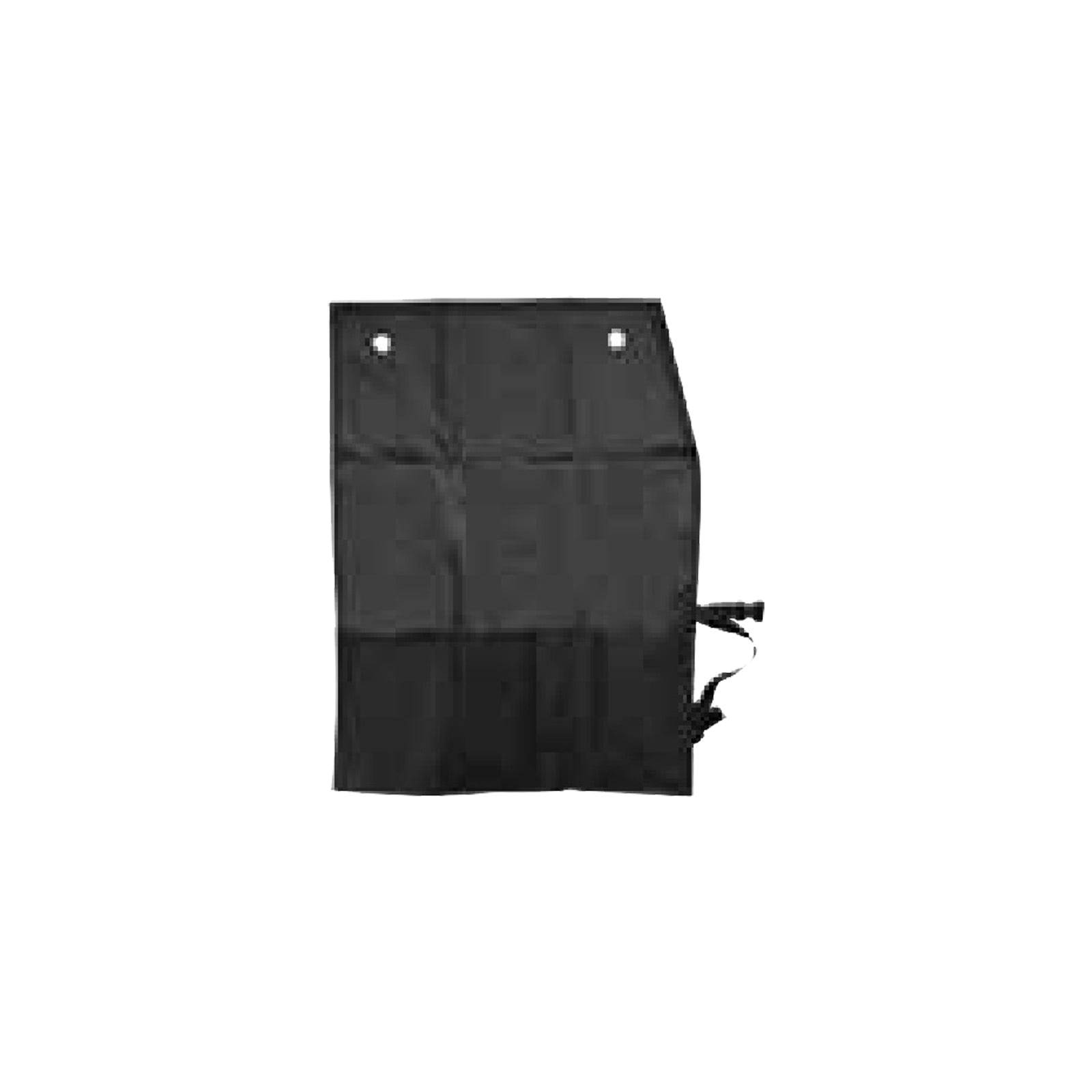 Eine gefaltete schwarze Stofftasche mit zwei Ösen und seitlichen Trägern, die typischerweise für Lagerungs- oder Transportzwecke verwendet wird.