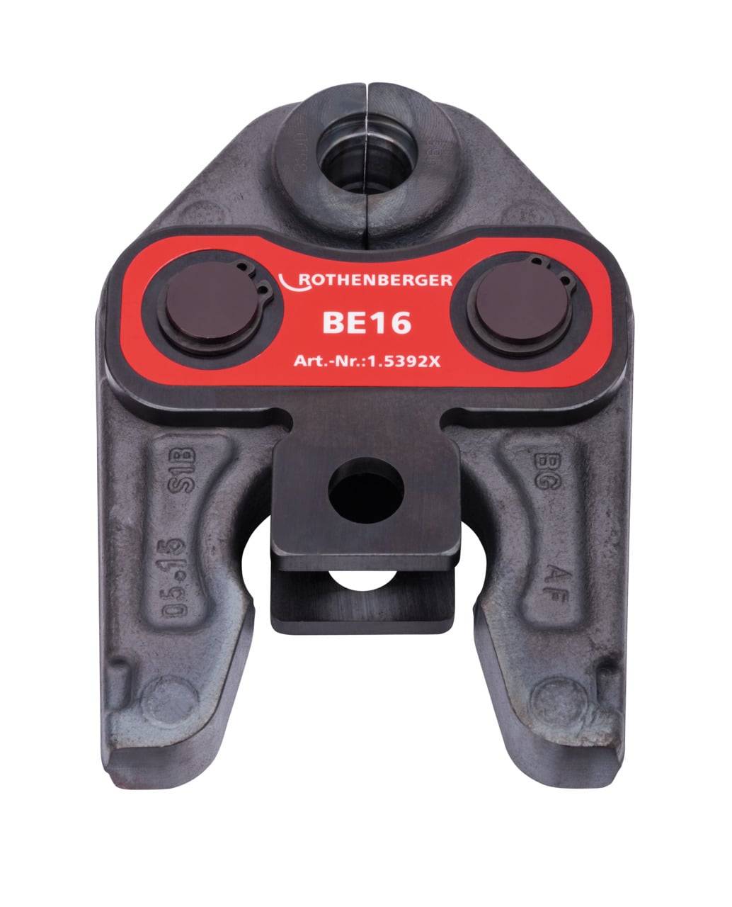 Crimpwerkzeugkopf mit der Bezeichnung 'ROTHENBERGER BE16, Art.-Nr.: 1.5392X', verwendet zum Sichern von Anschlüssen an Rohren, industrielles Design.