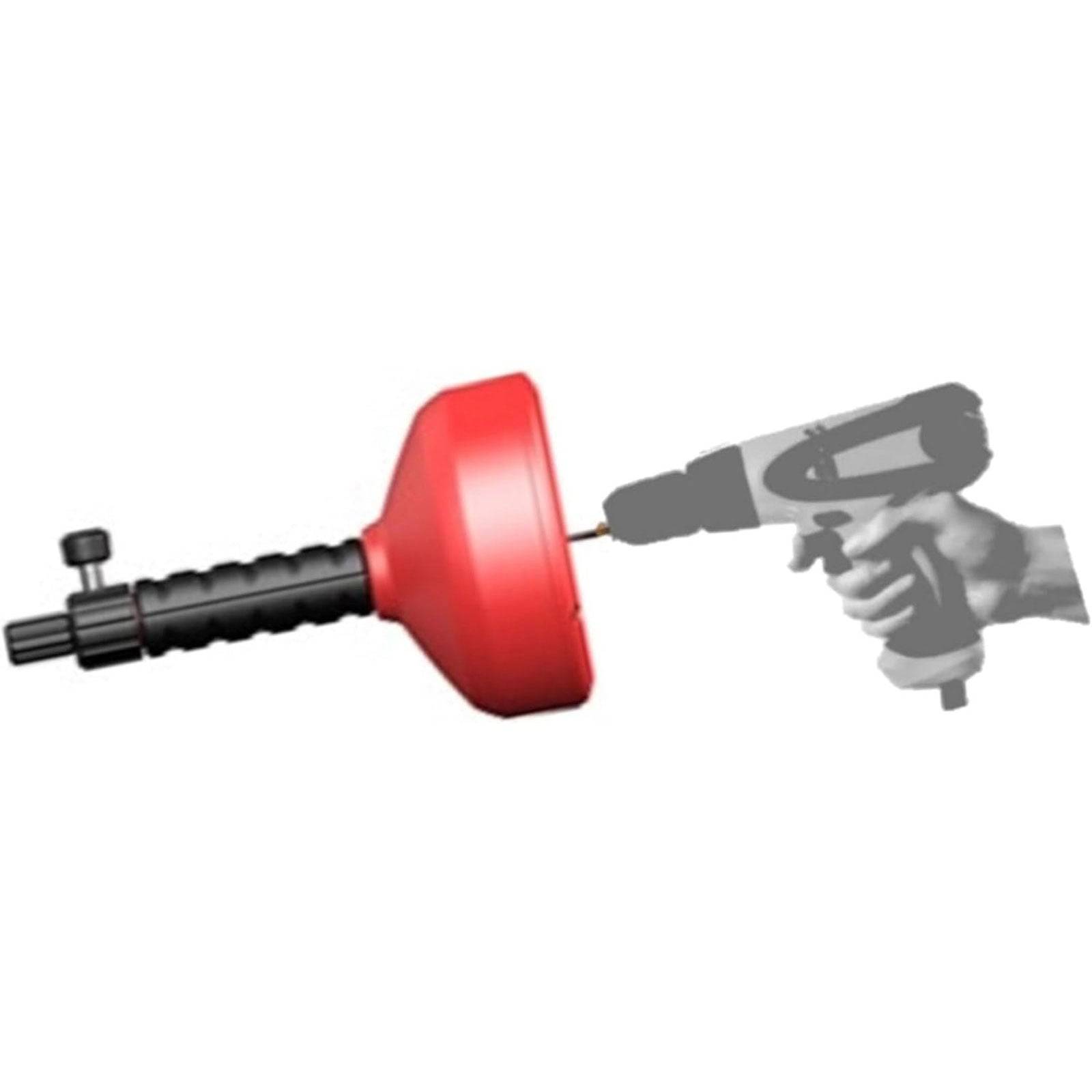 Ein roter Rohrreinigungsbohrer, der an einen Handbohrer angeschlossen wird und zum Lösen von Rohrverstopfungen dient. Der Bohrer verfügt über einen Griff und eine Spiralspitze.