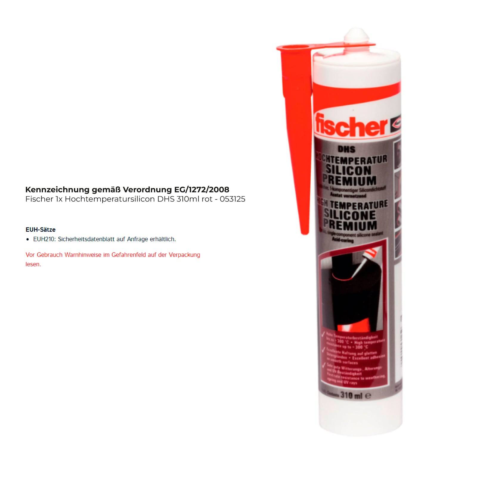 Eine Tube 'fischer Silicone Premium', gekennzeichnet für Hochtemperaturanwendungen. Enthält eine rote Applikatordüse, die an der Tube befestigt ist. Deutscher Text ist vorhanden.