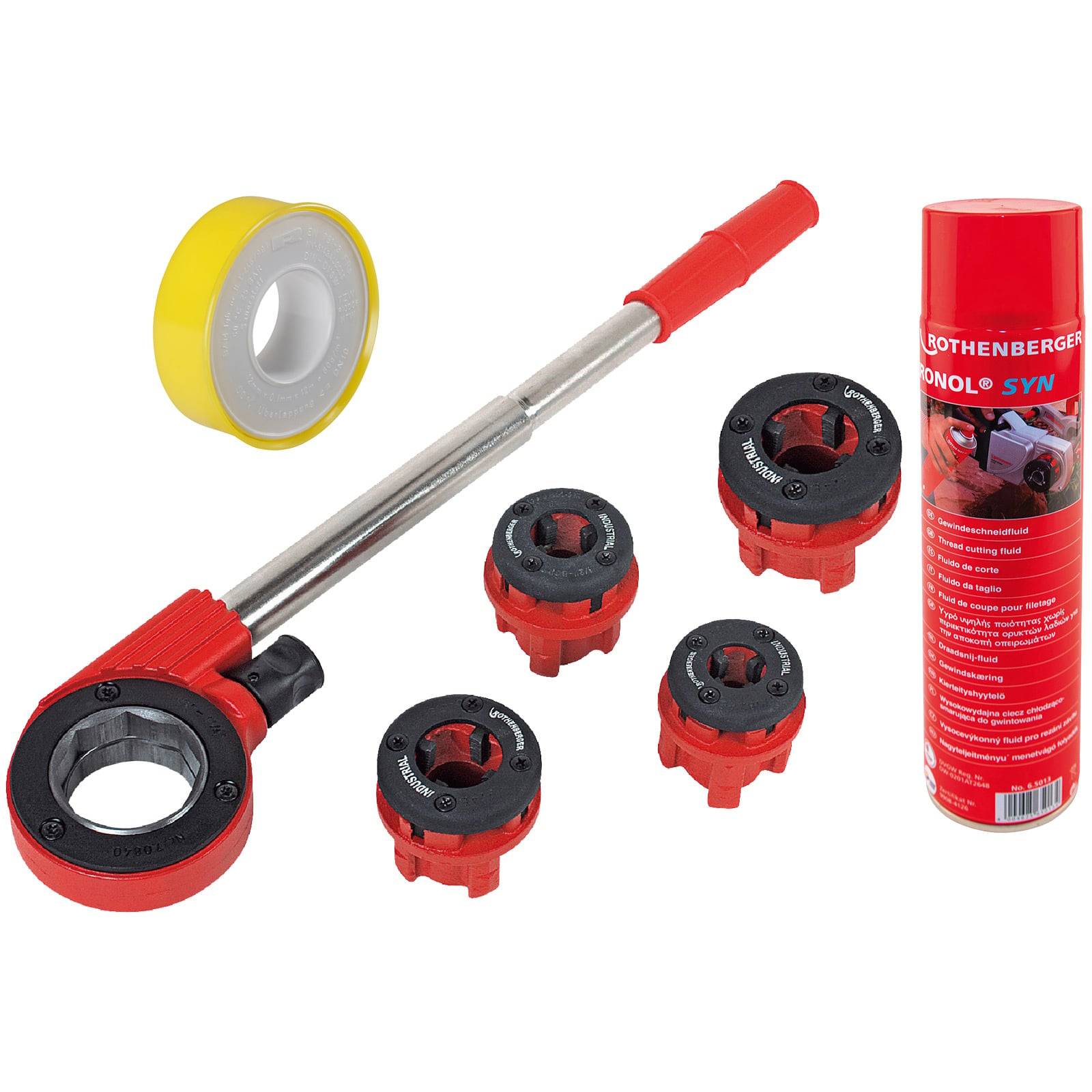 Gewindeschneidwerkzeug-Set inklusive eines Schraubenschlüssels, vier verschiedener Größen an Schneidköpfen, gelben Teflonband und einer Dose Schneidöl.