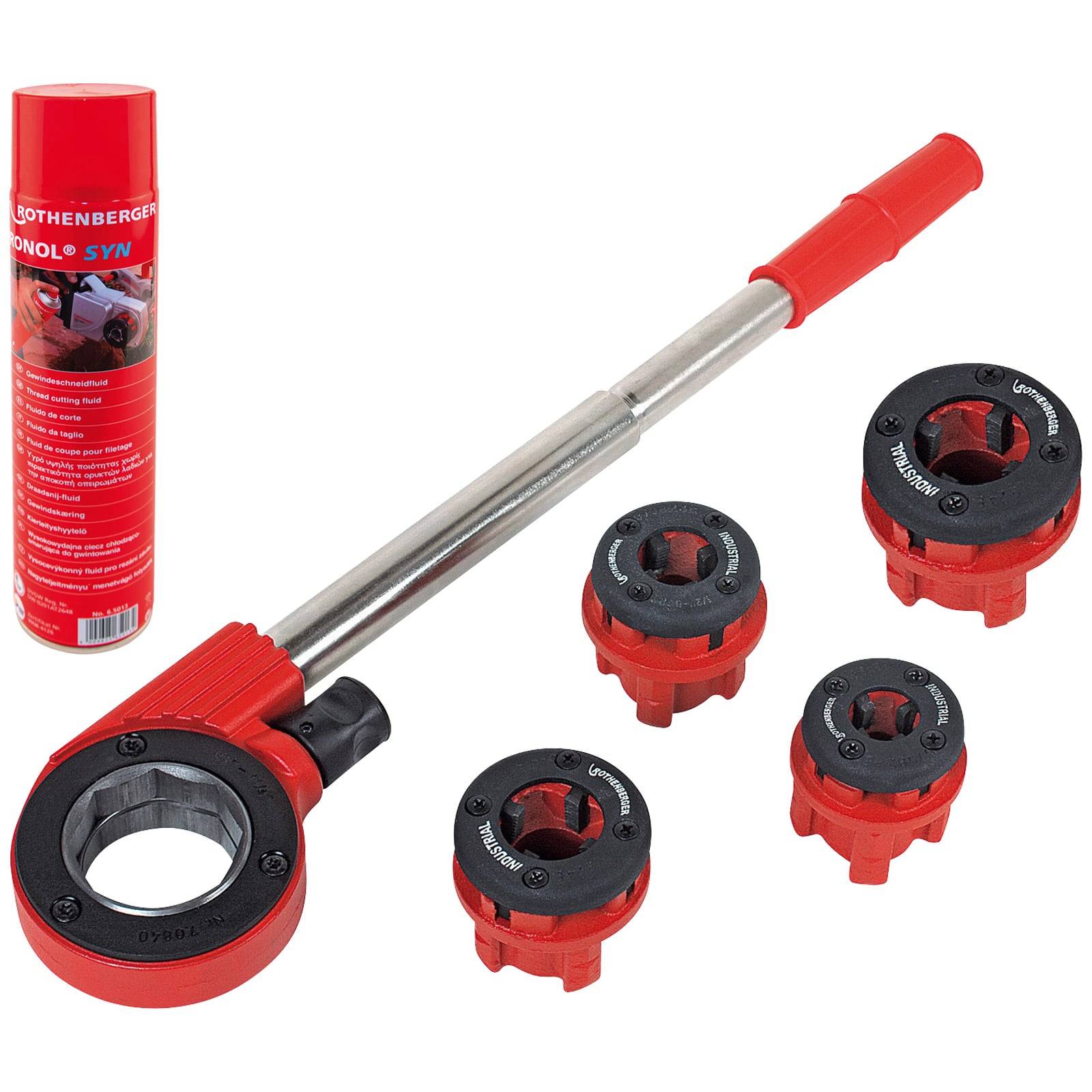 Rotes Rohrgewindewerkzeug-Set bestehend aus einem Schraubenschlüsselgriff und vier auswechselbaren Schneidköpfen, verwendet zum Gewindeschneiden von Rohren.