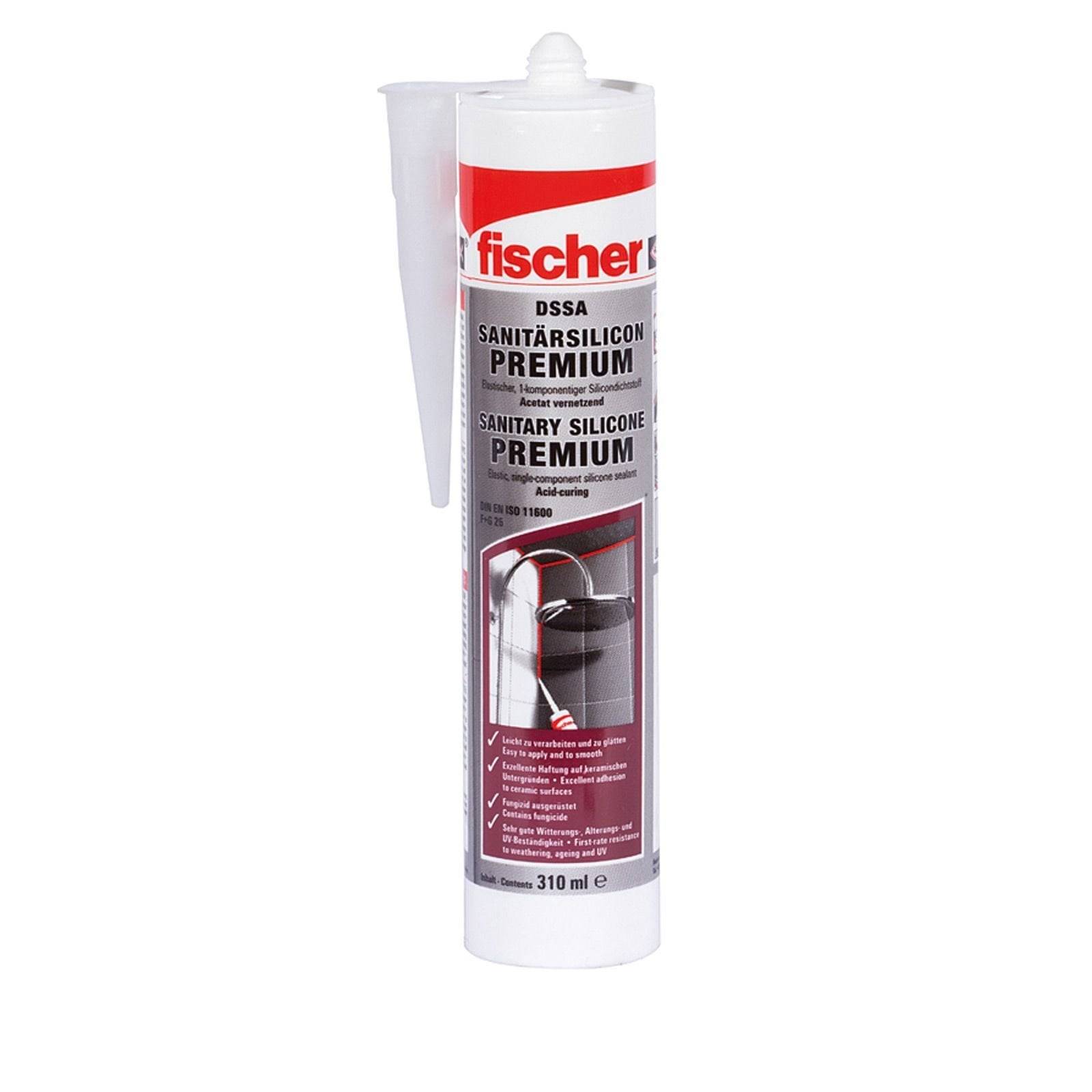 Eine Tube 'fischer Sanitär-Silikon Premium' Dichtstoff, 310 ml, mit Verpackung, die die Anwendung an einem Waschbecken zeigt.