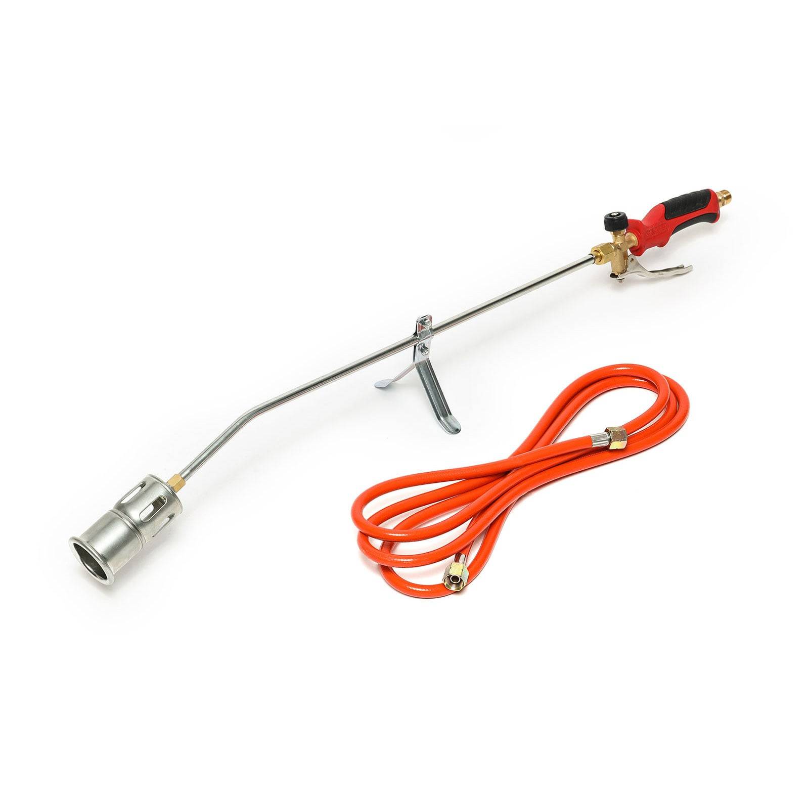 Eine Metallflamme mit langem Griff und rotem Griff, die mit einem orangefarbenen Schlauch verbunden ist, ist für Aufgaben wie Unkrautbekämpfung oder Dacharbeiten konzipiert.