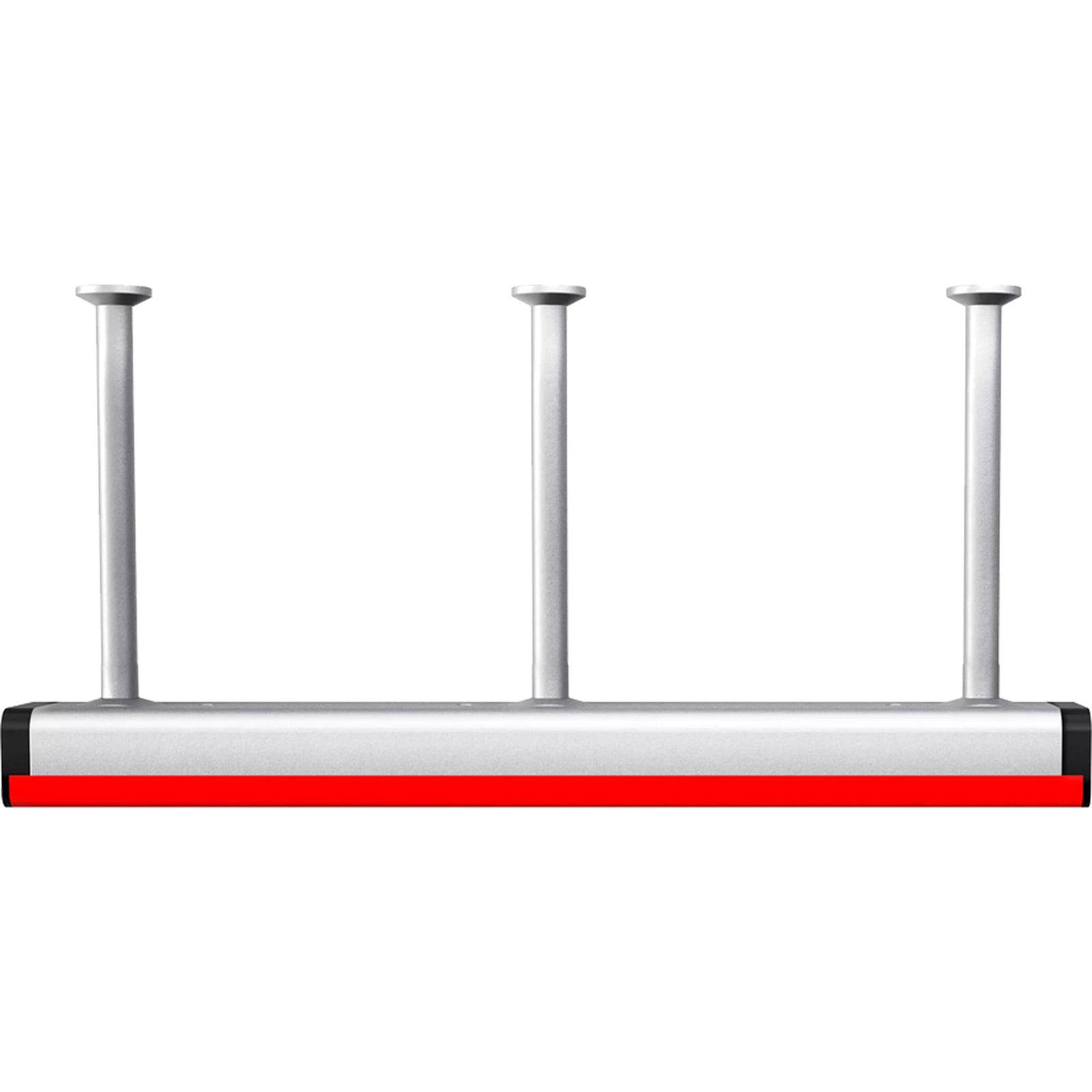 Eine horizontale weiße Barriere mit drei vertikalen Stangen, die einen roten Streifen entlang der Unterkante aufweist, wahrscheinlich zur Sicherung oder Verkehrskontrolle verwendet.