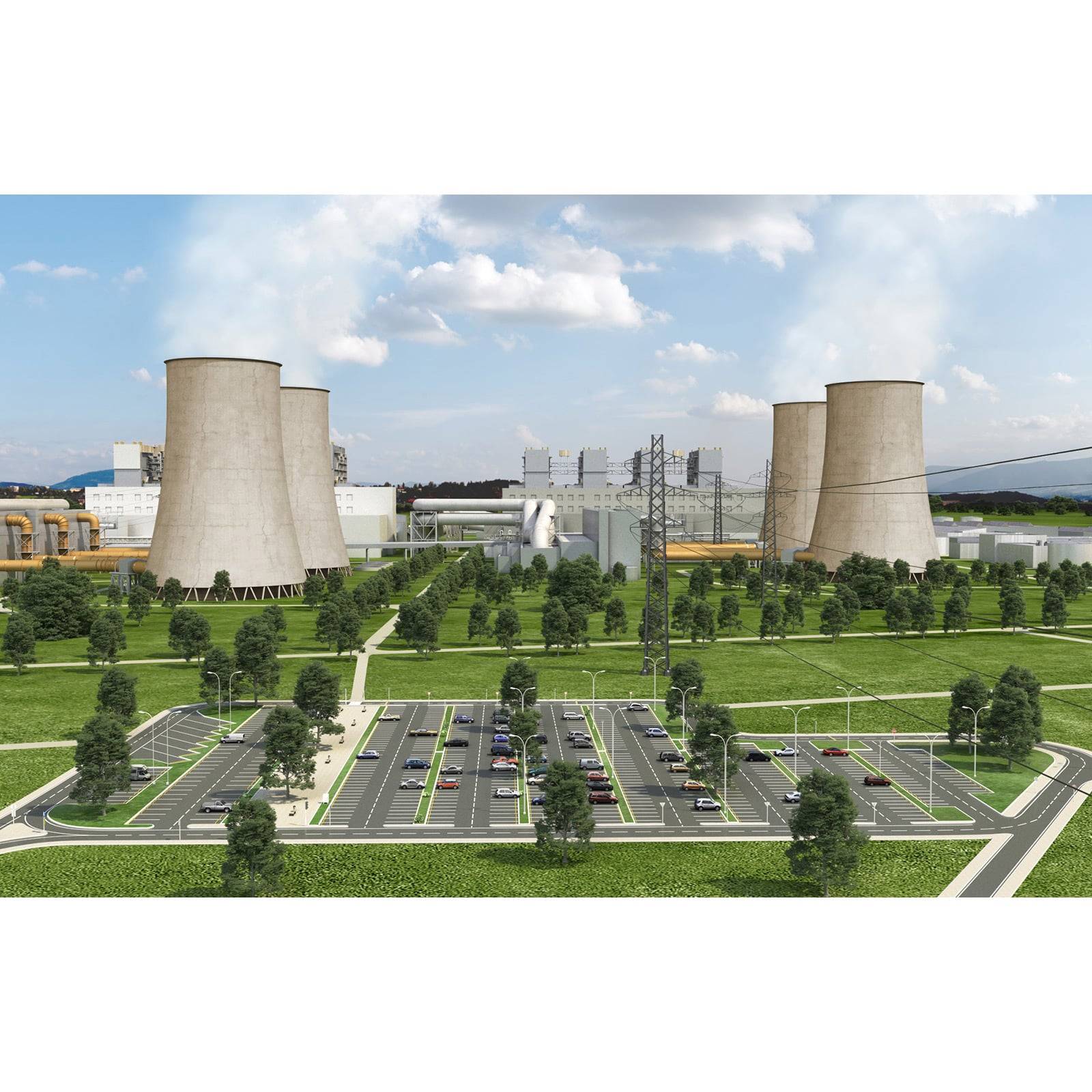Kraftwerk mit Kühlturm, der Dampf ausstößt, umgeben von Grünflächen und einem Parkplatz im Vordergrund. Blauer Himmel mit vereinzelten Wolken.