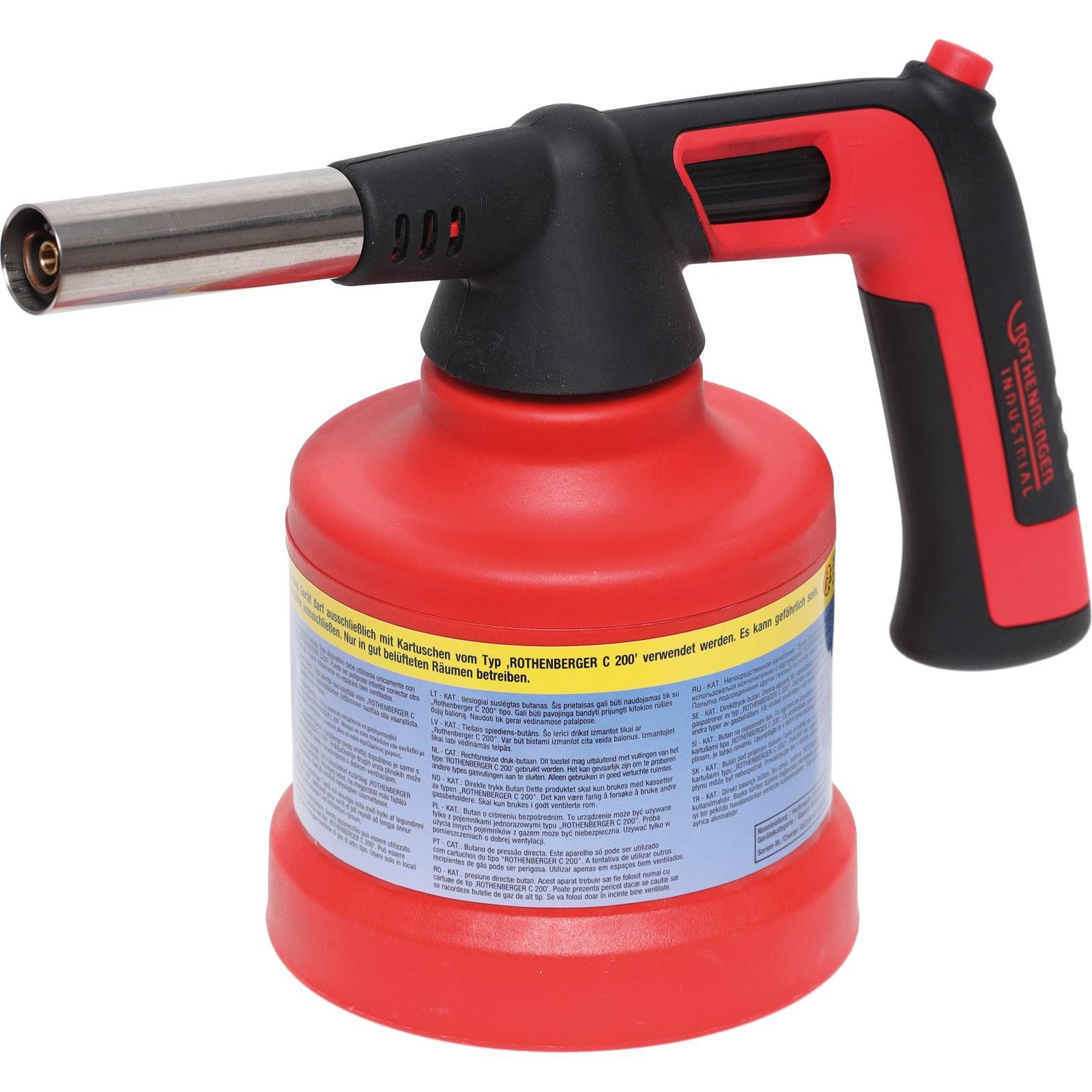 Eine rote und schwarze tragbare Gasfackel mit Etikett und Auslöser. Verwendet für Hochtemperaturanwendungen wie Löten oder Kochen.