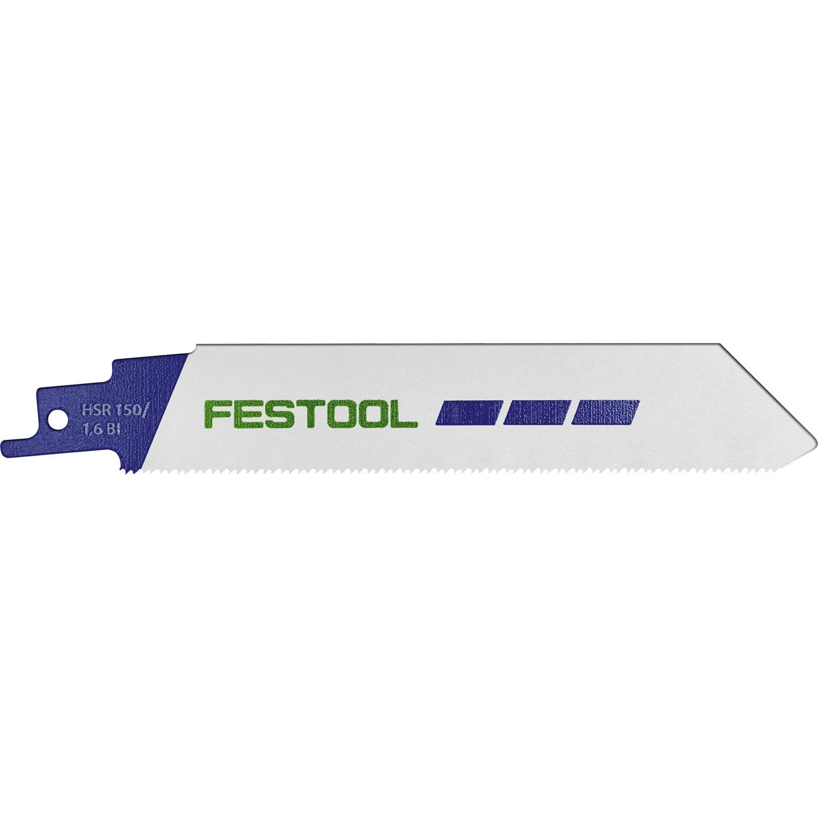 Eine Nahaufnahme einer Festool-Stichsägeblatt mit blauer Zunge, die den Markennamen 'FESTOOL' und blaue Streifen auf der Klinge zeigt.
