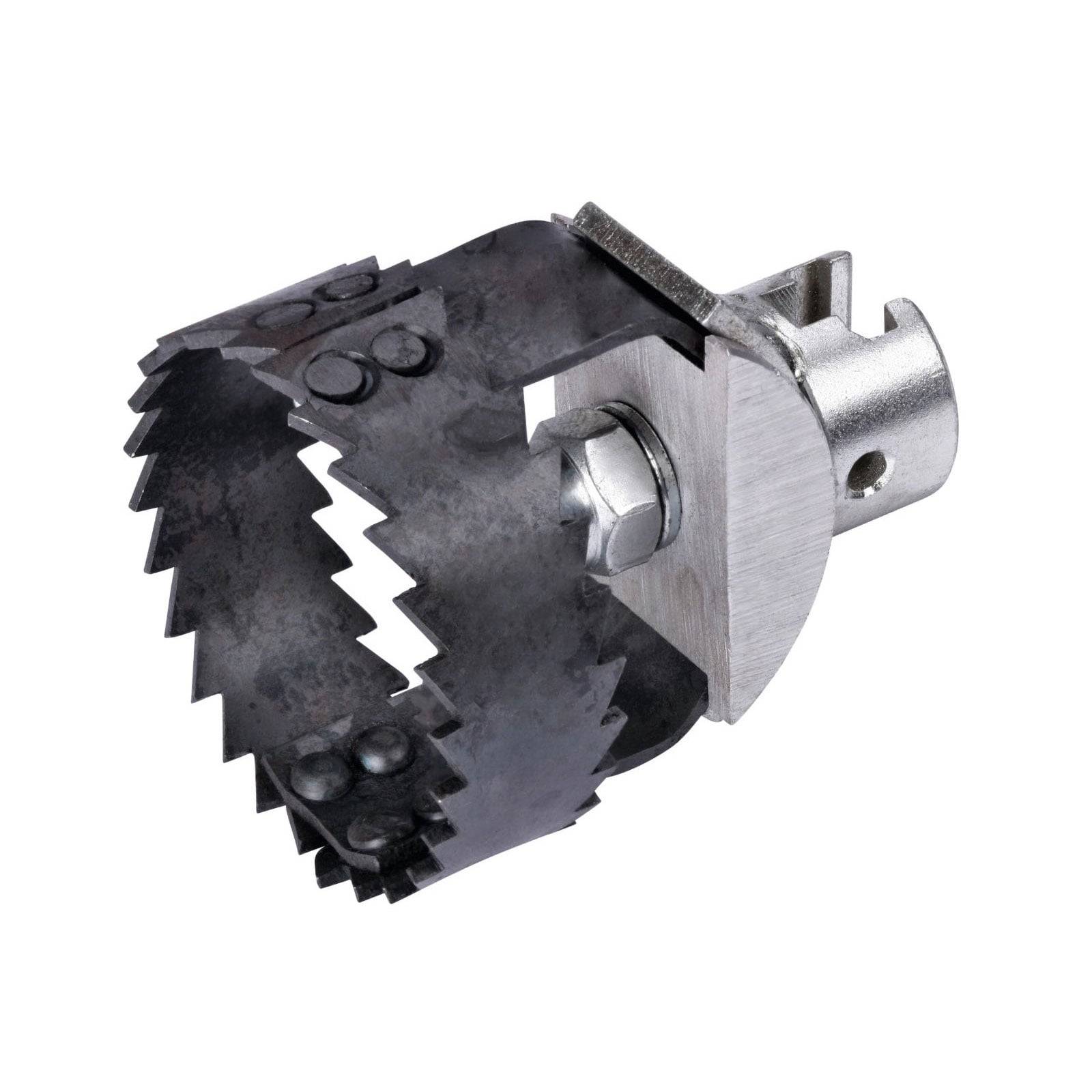 Ein Lochkreissägeblatt mit gezackten Zähnen, das zum Schneiden von kreisrunden Löchern in Materialien wie Holz und Metall verwendet wird, mit einer Befestigungshalterung.