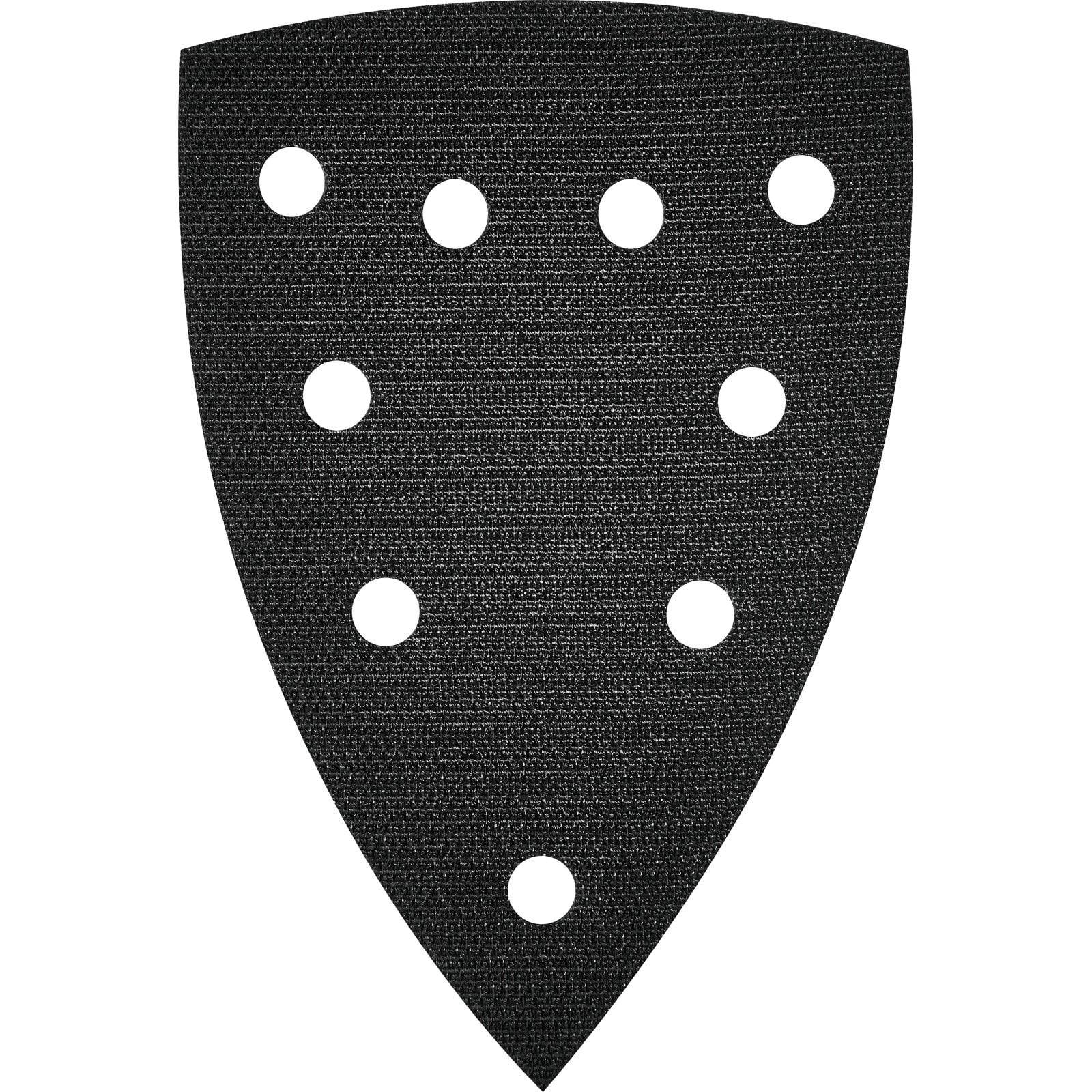 Ein dreieckiges Schleifblatt mit mehreren, in Reihen angeordneten Löchern ist abgebildet, das für die Verwendung mit kompatiblen Schleifgeräten zum Holz- oder Oberflächenschliff vorgesehen ist.