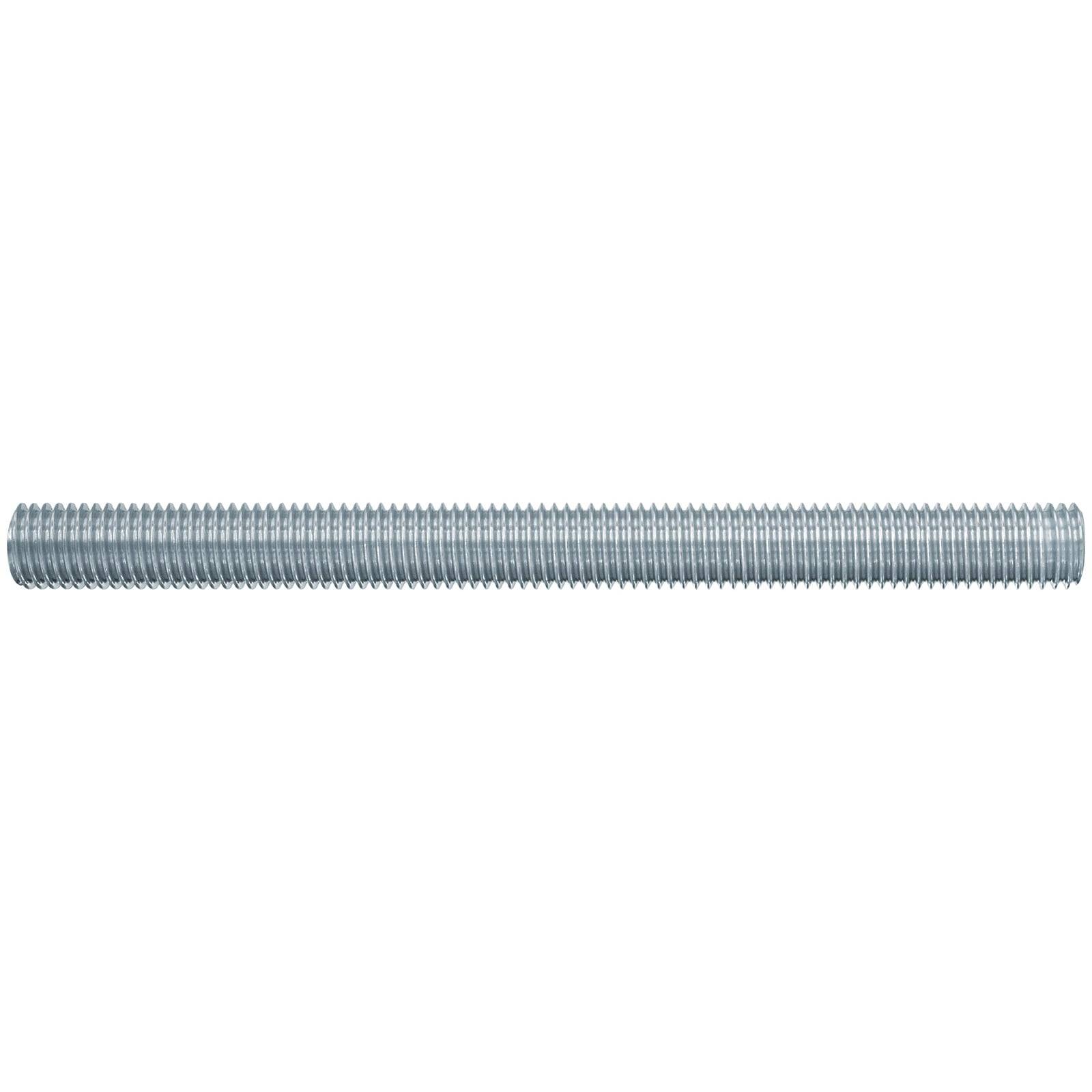 Eine Gewindestange aus Stahl, horizontal positioniert, für Bauzwecke und zur Befestigung von Objekten, mit spiralförmigen Rillen entlang ihrer Länge.