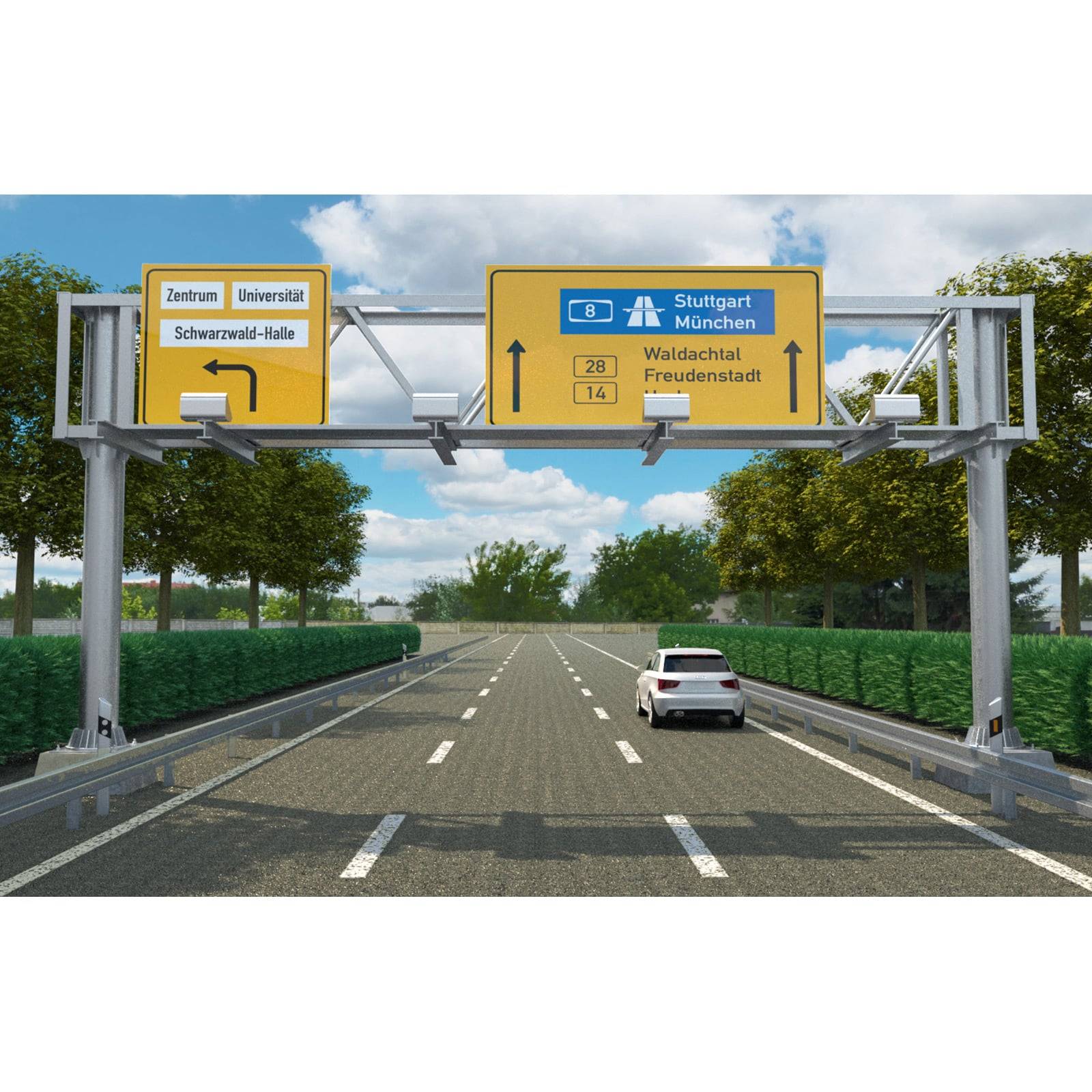 Eine Autobahnbeschilderung weist in Richtung 'Stuttgart München' über die A8, 'Waldachtal, Freudenstadt' über die 28 und lokale Wegweiser zu 'Zentrum, Universität'.