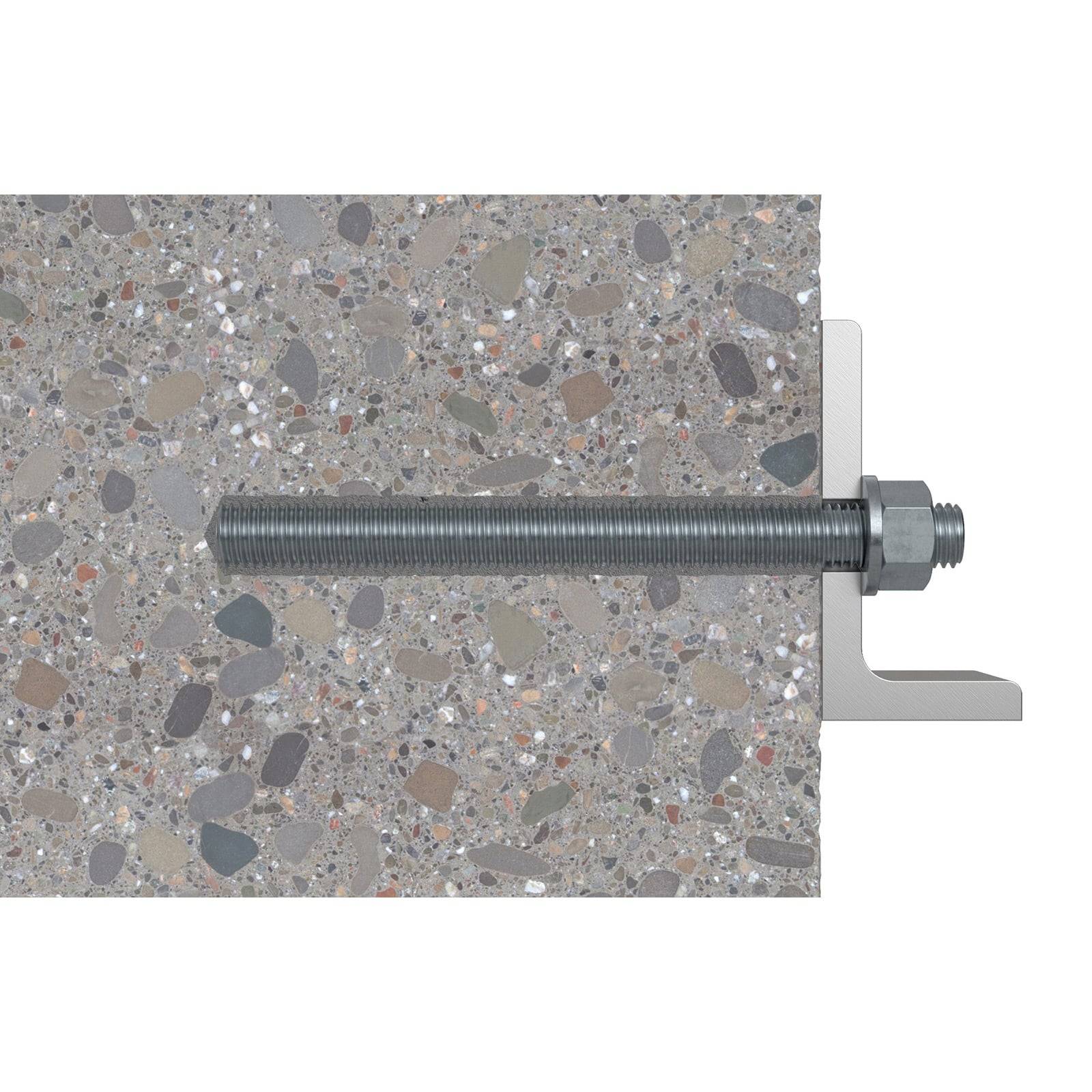 Querschnittsillustration einer Betonwand mit einem eingebetteten Gewindeanker und einem angebrachten Metallwinkel, die eine sichere Befestigung demonstriert.