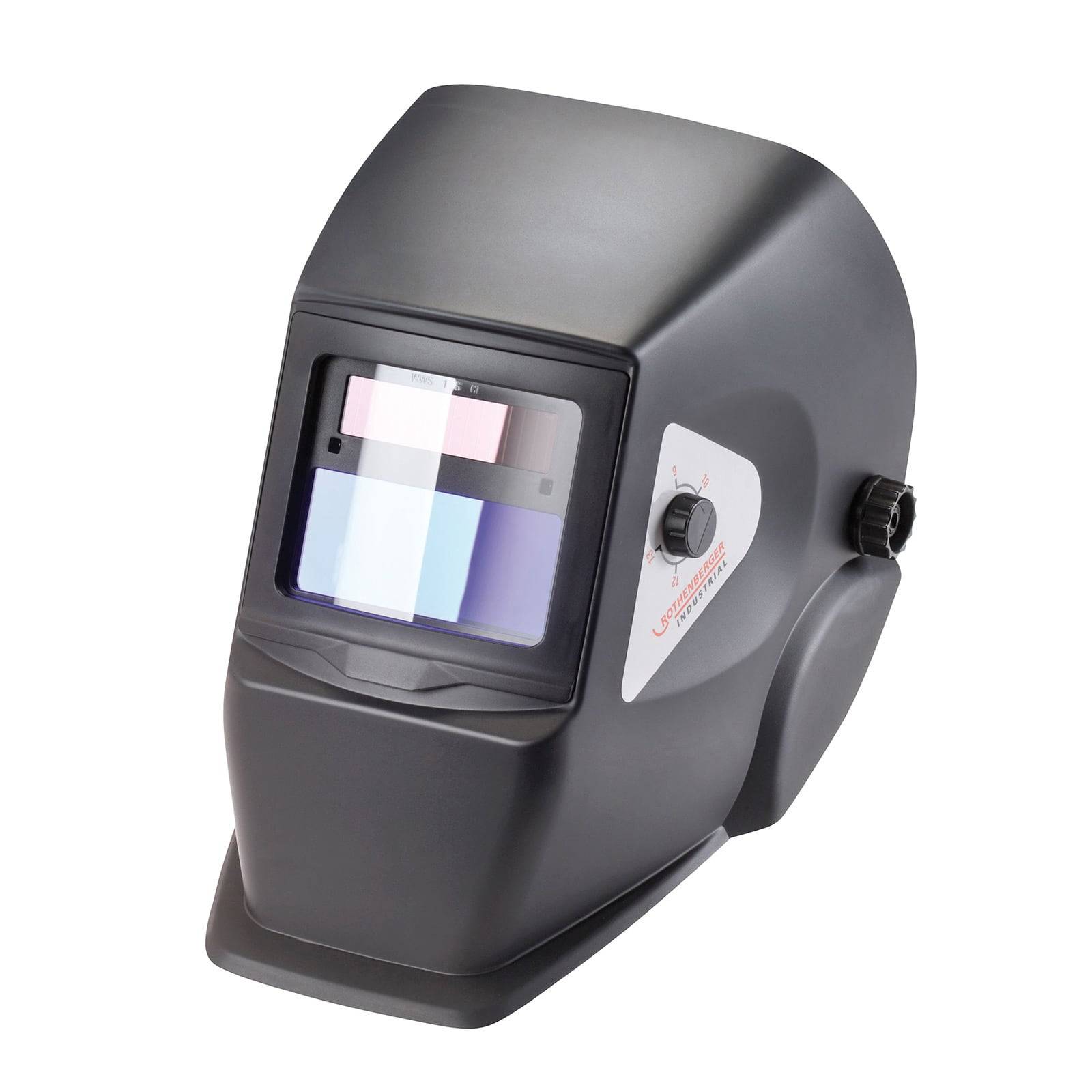 Ein schwarzer Schweißhelm mit durchsichtigem Visier und verstellbarem Drehknopf an der Seite, der dazu dient, das Gesicht und die Augen während des Schweißens zu schützen.