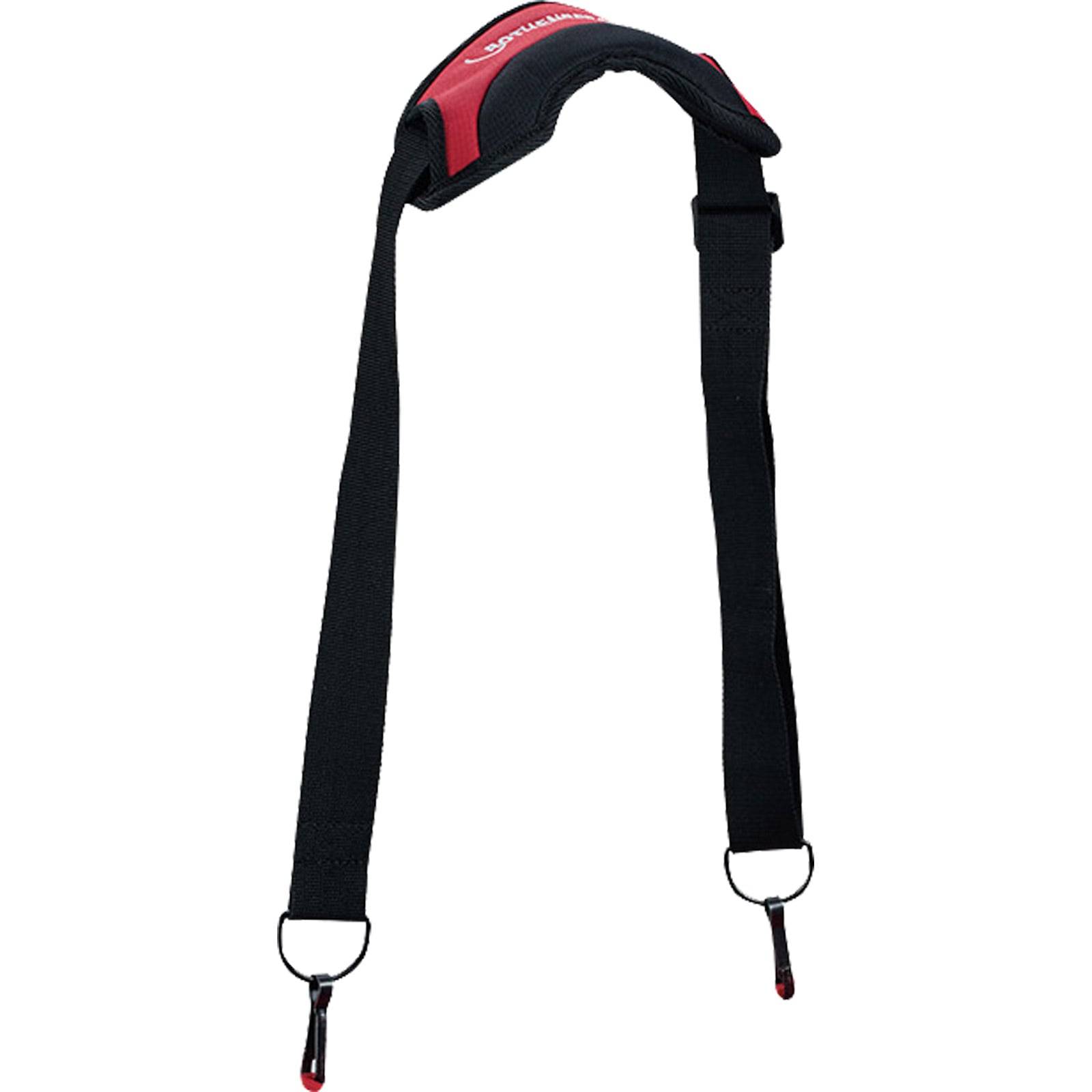 Ein schwarz-roter Kameraträgeriemen mit Metallclips an beiden Enden, der für Nackenstütze und Kameraanbringung konzipiert ist.