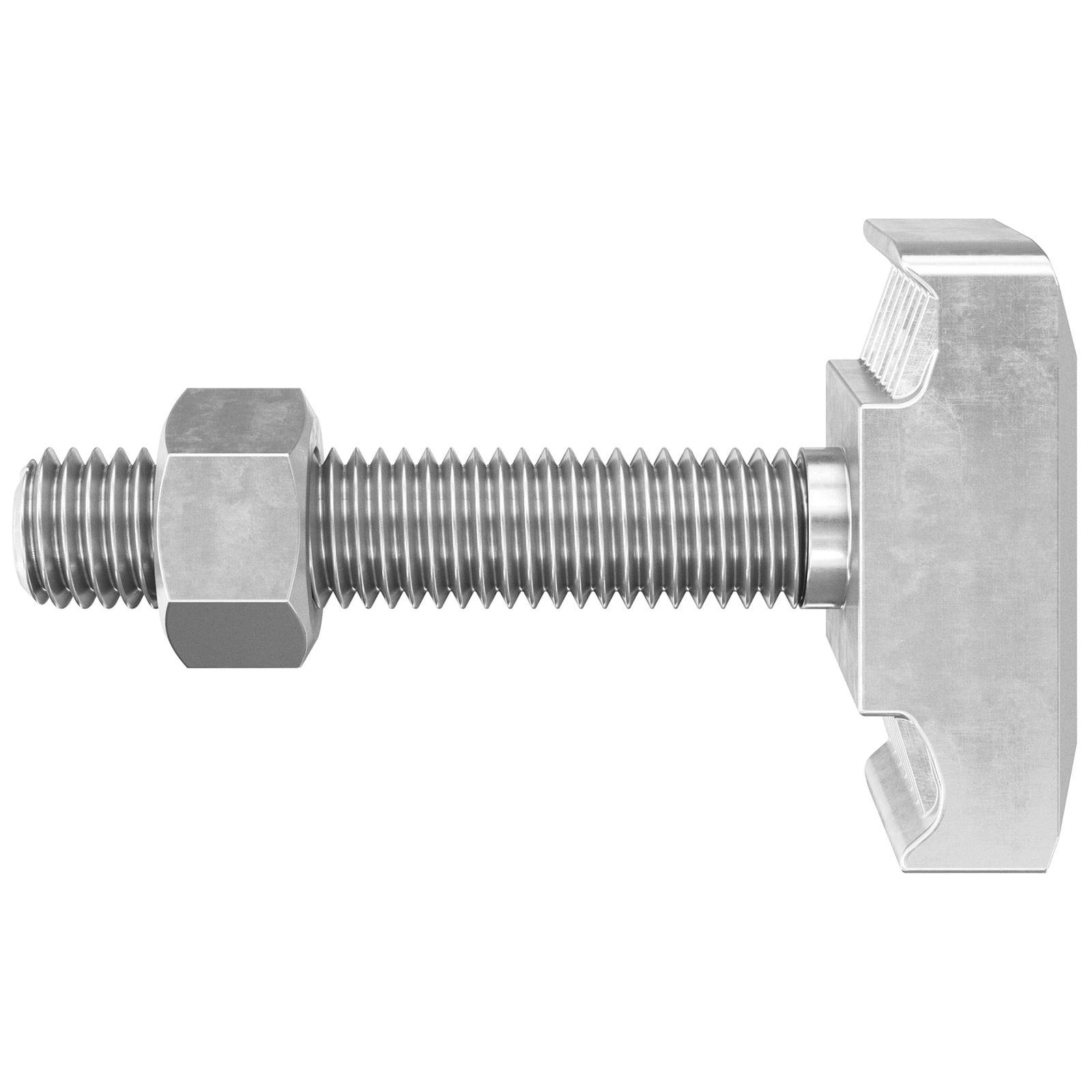 Eine Stahl-T-Schraube mit Mutter, Seitenansicht. Die Schraube hat grobe Gewinde und einen rechteckigen Kopf, häufig verwendet in Baugewerbe und Maschinenbau.