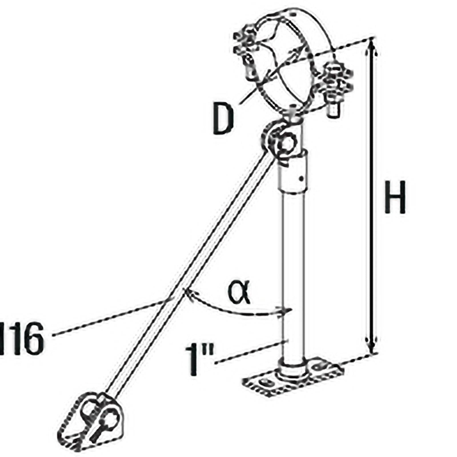 Diagramm eines schwingenden Armhalters mit Messungen: Winkel α, Höhe H, Abstand D und 40,64 cm diagonale Stützstange. Enthält Detail der 2,54 cm Basis.