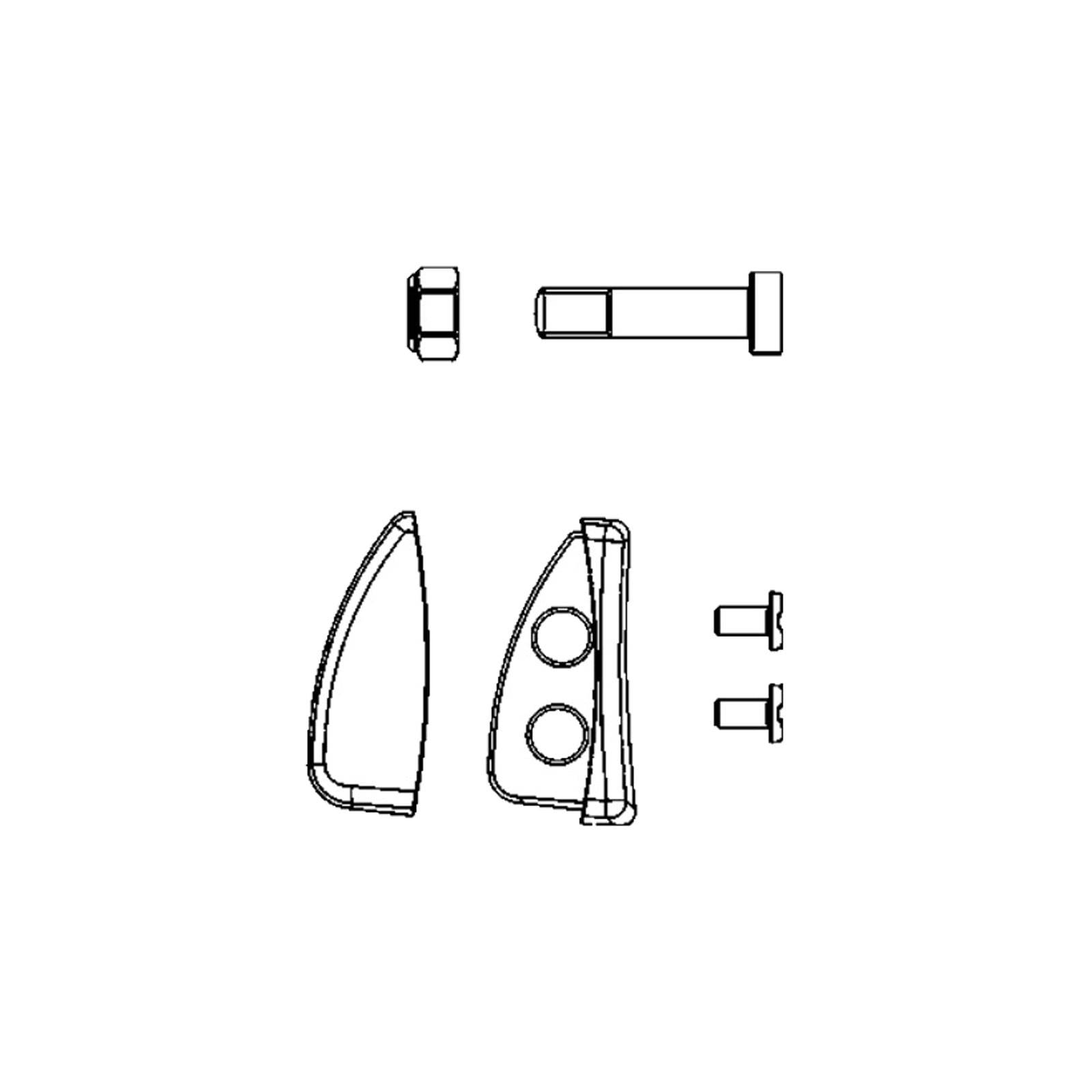 Explosionszeichnung einer mechanischen Baugruppe mit einer Schraube, zwei Schrauben, einem Gehäuseteil mit runden Ausschnitten und zusätzlichen Komponenten.